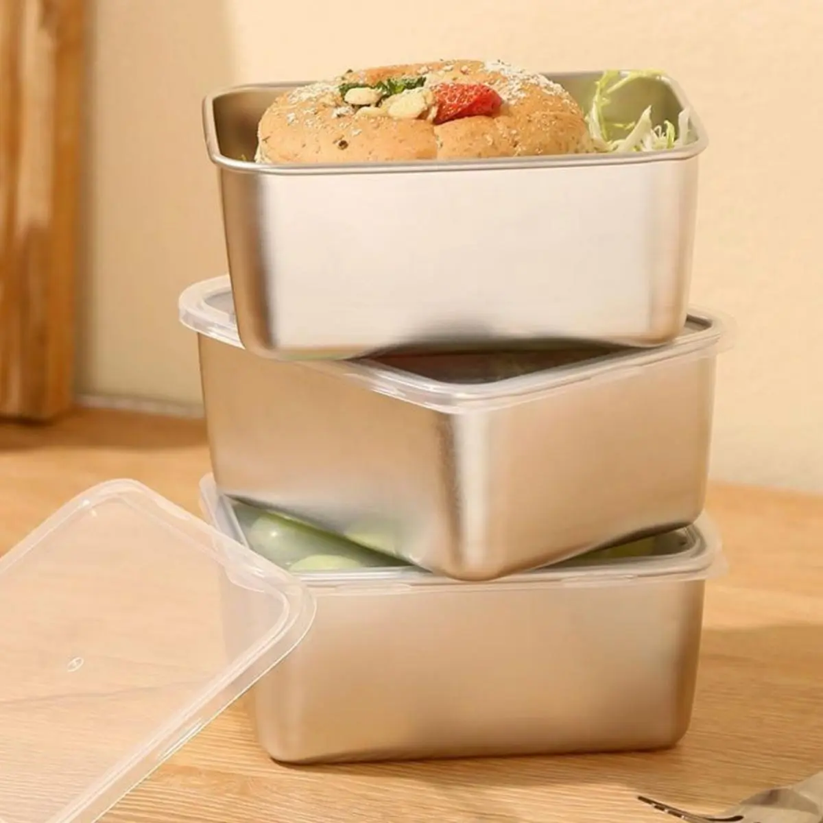3-Piece Rectangular Stainless Steel Food Container Set with Lids, BPA-Free Durable Reusable Eco-Friendly Metal Storage, Ideal for Meal Prep & On-the-Go Leftovers