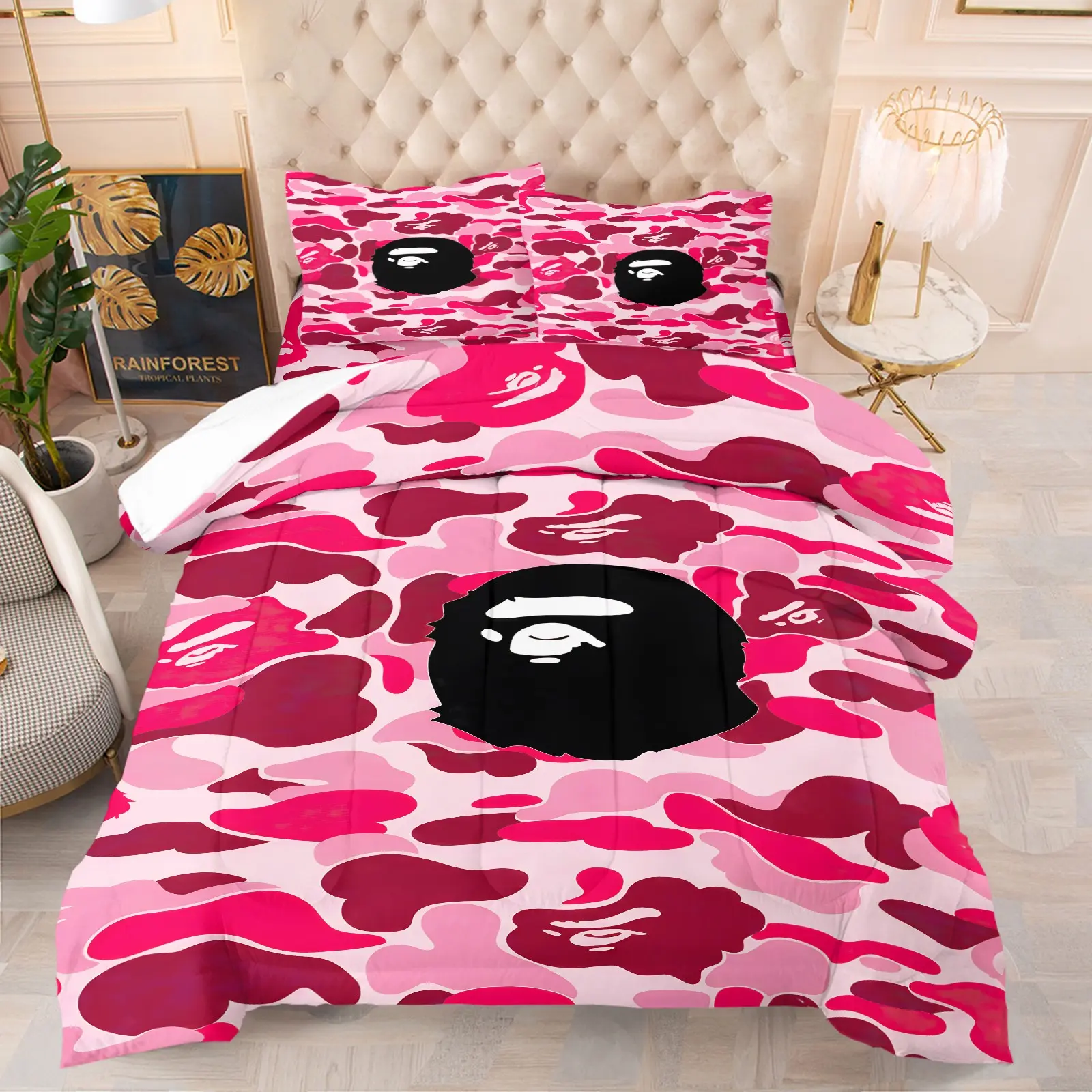 Streetwear Pink Camo Ape Head Print Comforter Set, Soft Warm Bedding, 1 Comforter & 1-2 Pillowcases No Core, ABC CAMO Camouflage & Iconic Ape Head, Sweet Cool Streetwear Style Bedroom Decoration Gift for Fans