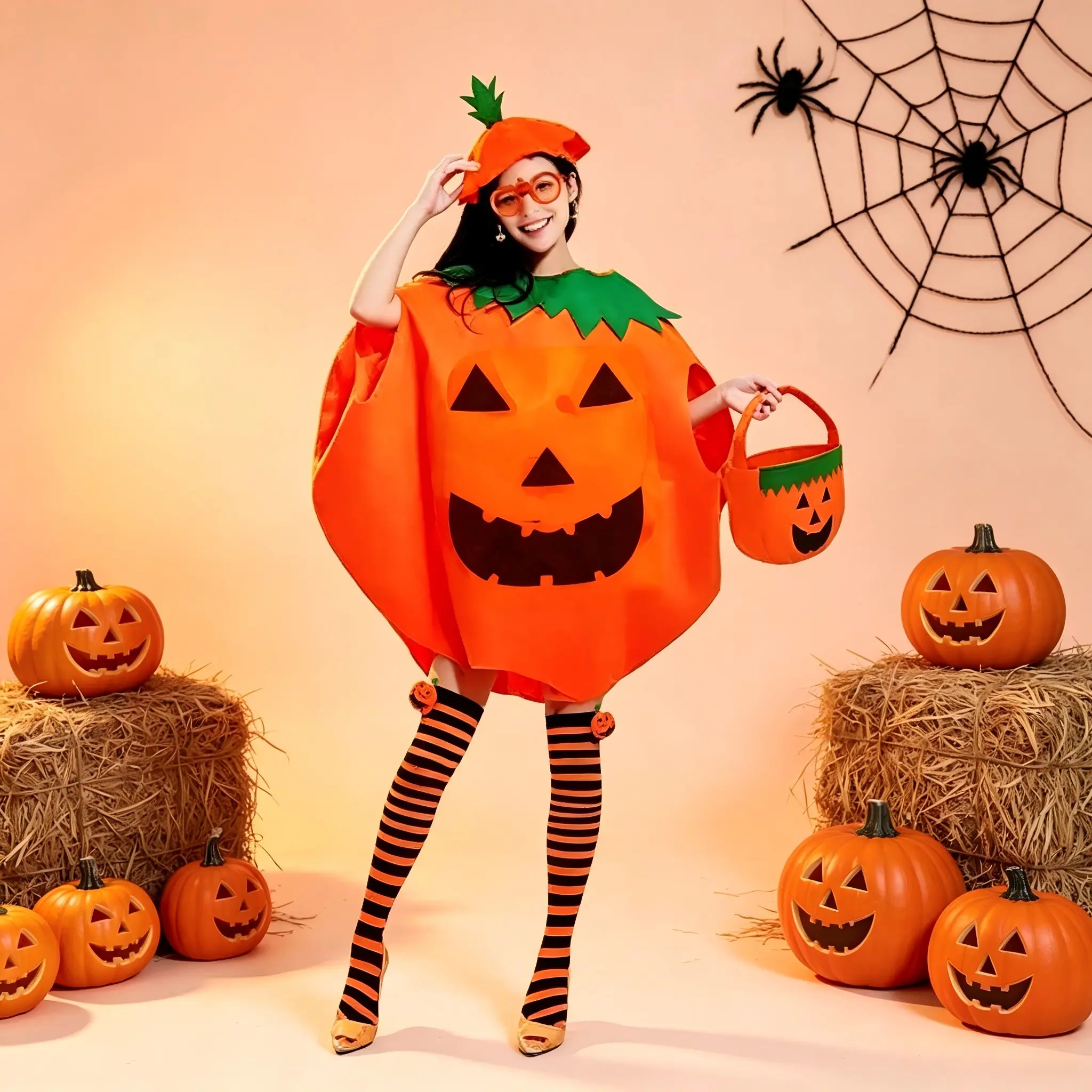 Halloween Pumpkin Costume Set, Party Festival Activity Supplies, Cute Pumpkin Hat, Performance Clothes, Trick-Or-Treat Bag Decorations, Party Cosplay