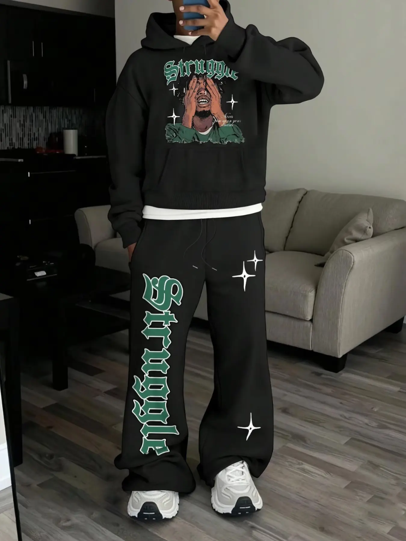 Trendy Men's Letter and Star Print Set, Versatile Hooded Sweatshirt + Matching Outdoor Drawstring Loose Pants, Y2K Casual