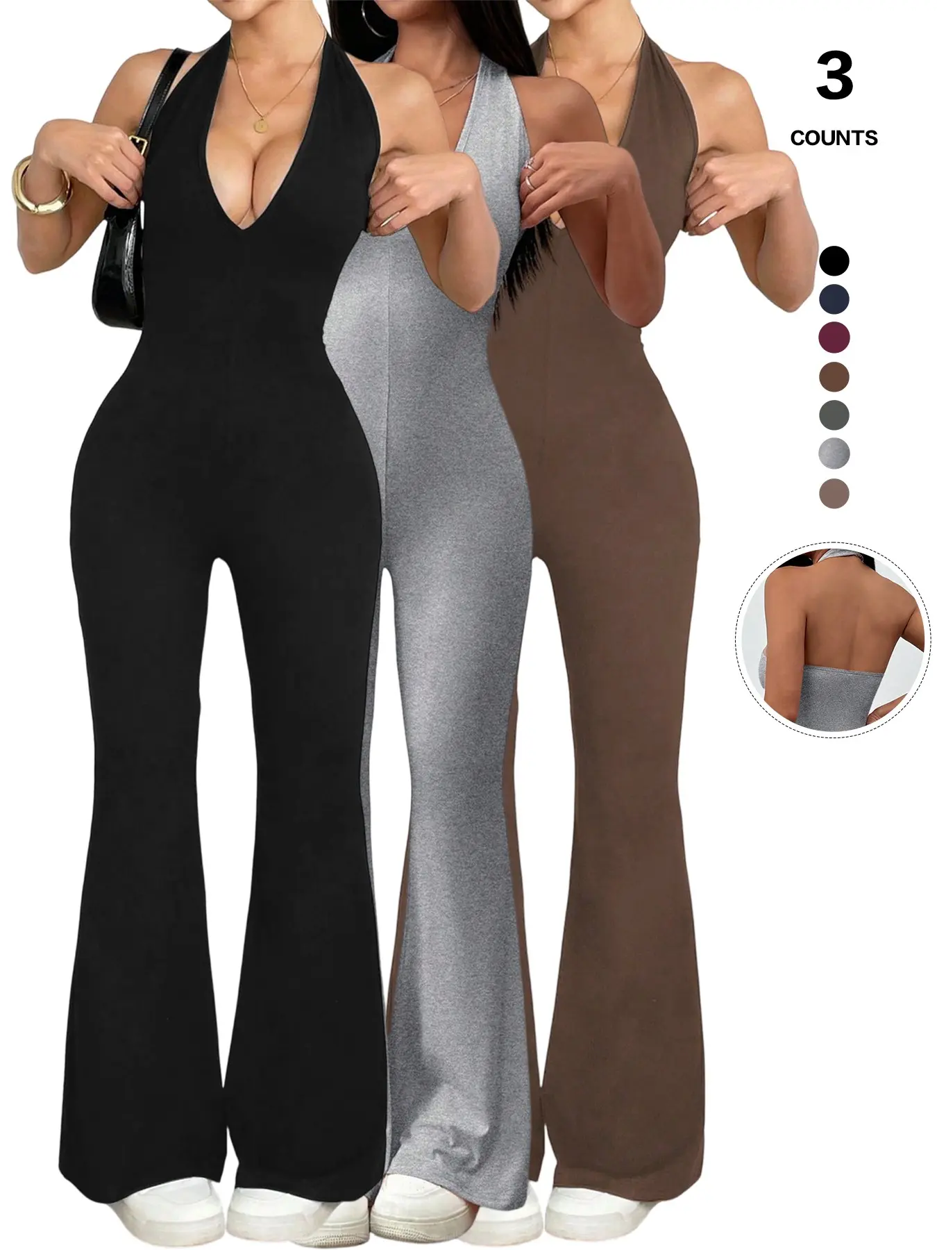 Women Halter Jumpsuit, Deep V Neck Sleeveless Flare Leg, High Stretch Bodycon One Piece, Basic Slim Fit Long Pant Jumpsuit for Daily Wear