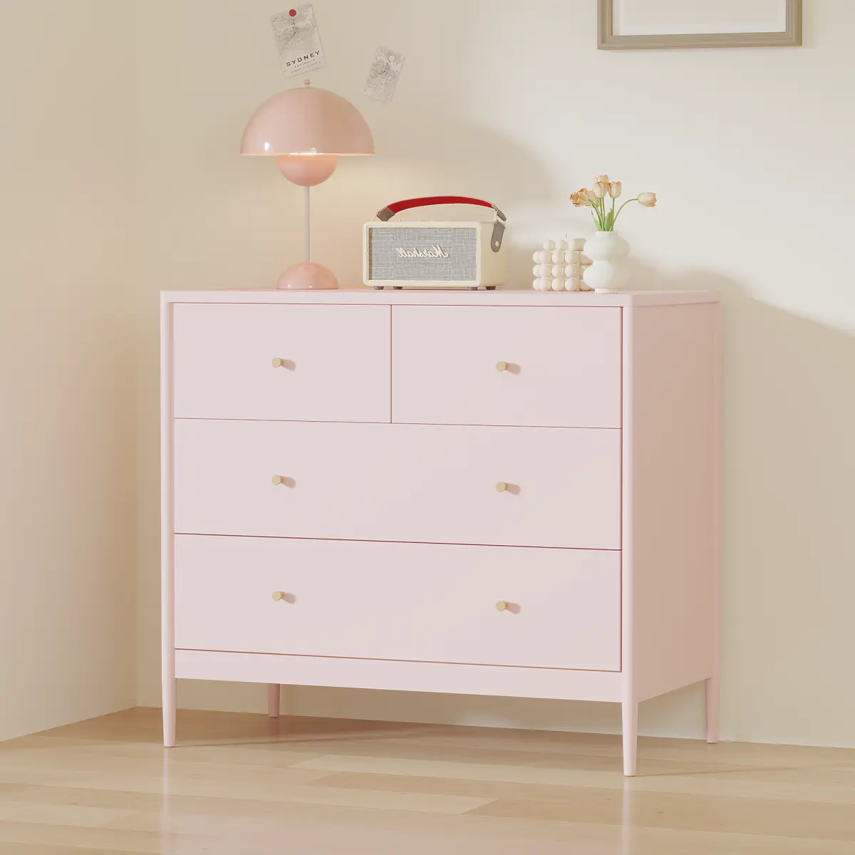 Pink 4-Drawer Kids Wooden Dresser with Tip Restraint - 35.4" Wide Storage Cabinet for Toddler Bedroom, Nursery, Baby Nightstand Organizer for Indoor Furniture Sets, Single Unit