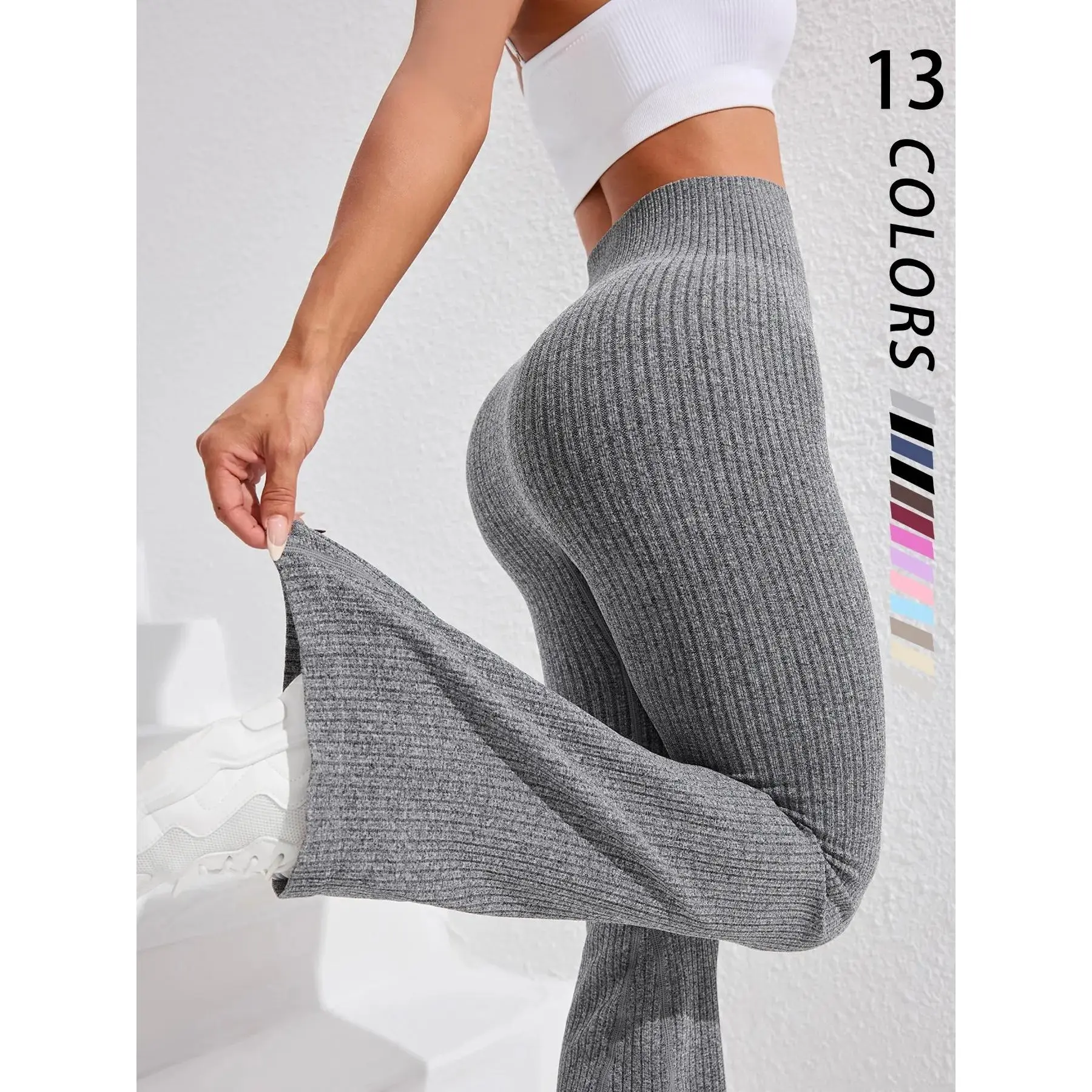Women's Seamless Knitted Textured Yoga Flare Pants, High Waisted Butt Lifting Control, Sporty Casual Fashion, All Seasons Wear, Seamless Gym Workout Leggings