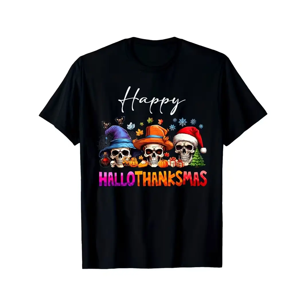 Women's Soft Round Neck Short-Sleeve Oversized Cotton T-Shirt - Hallothanksmas Skull Graphic, Festive Halloween-Thanksgiving-Christmas Top, Ideal Gift for Family Friends, Shortsleeve, Halloween Theme