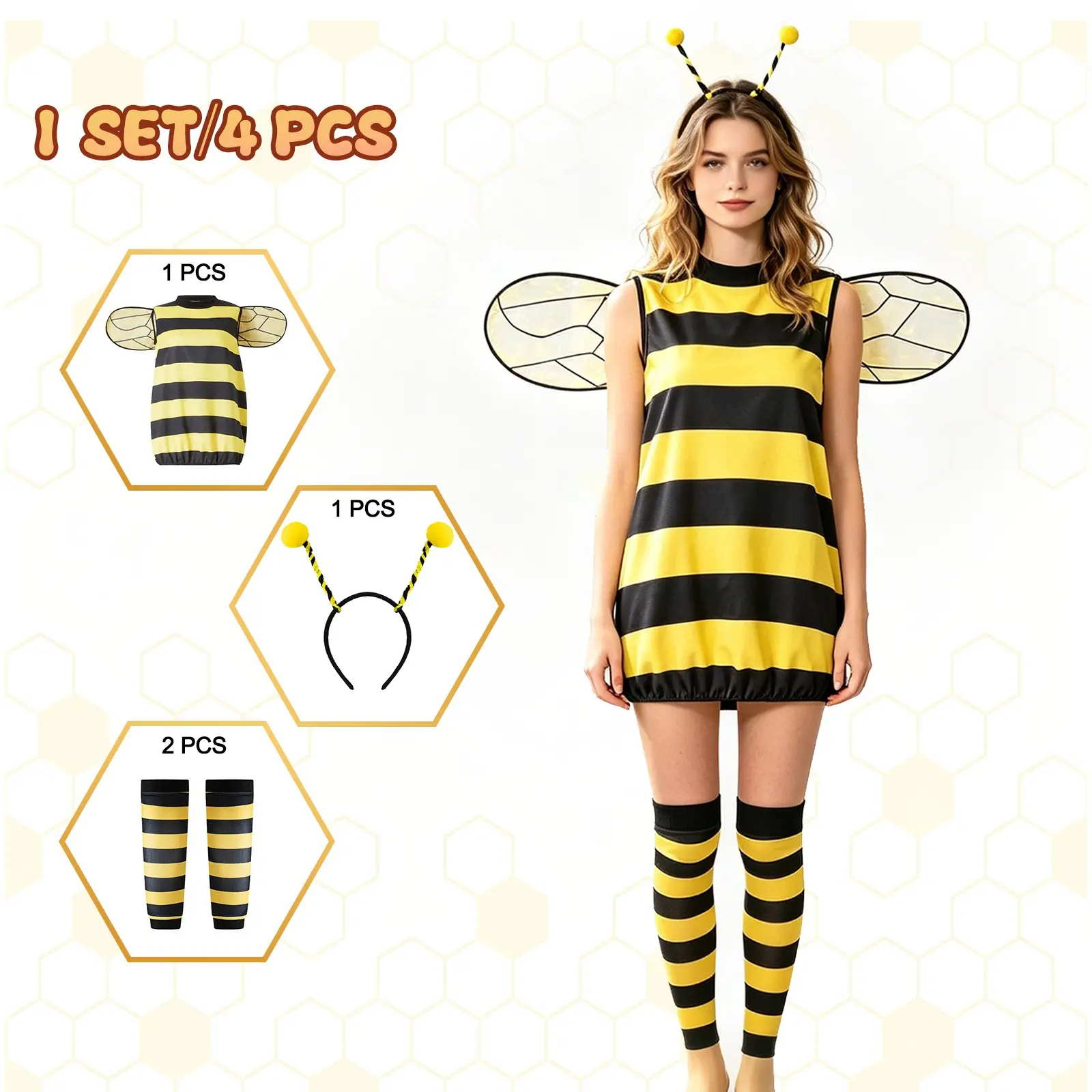 Bee Costume Party, Striped Sleeveless Dress with Wings, Antenna Headband, Striped Tights, Halloween, Cheerleading, Football, Carnival, Clothes, Costume Set