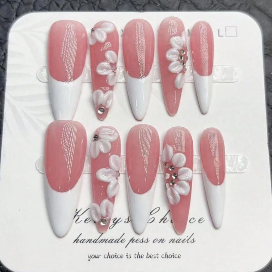 Elegant French Long Almond False Nails, Nail Tips Art, 3D Flower Rhinestones, Acrylic Almond Shape, Perfect for Holidays & Daily Wear, Ideal Gift for Women & Girls