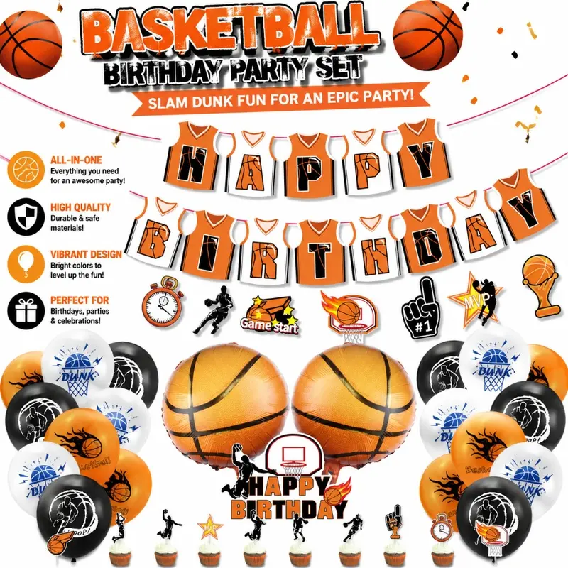 2026 Basketball Happy Birthday Party Supplies, Sports Banner Garland Basketball Balloons Cake Decor Toppers, Boys Men Birthday Backdrop Decor, Birthday Swap Meet Photo Booth Prop Gift