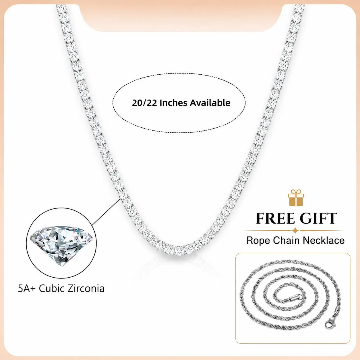 Unisex Classic Silver Stacking Necklaces Set - 3mm Cubic Zirconia Tennis Necklace, Bonus Rope Chain, 20 inch-22 inches, Secure Box Tongue Clasp for Everyday Adult Wear