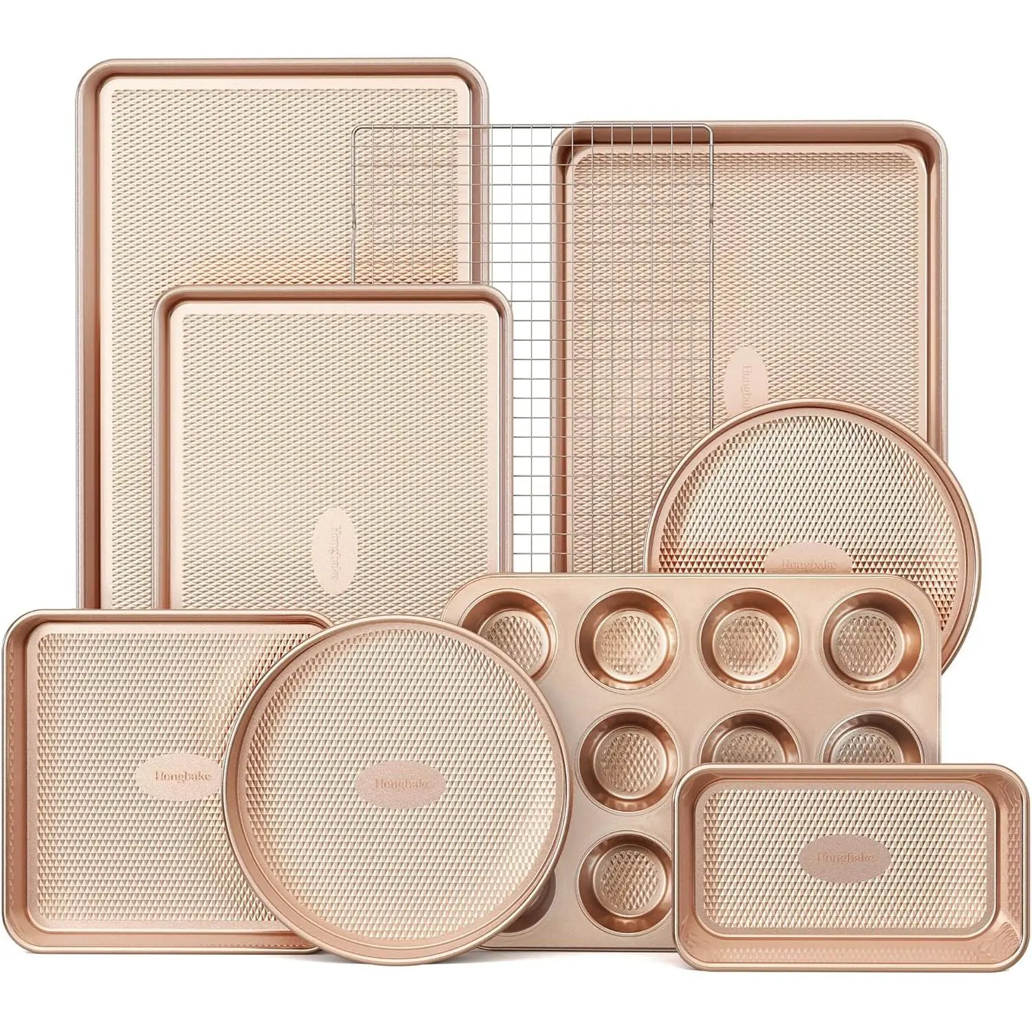 9-Piece Nonstick Stackable Non Toxic Baking Pans Set with Diamond Texture, Oven Bakeware Set for Cooking, Includes Cookie Sheet with Rack, Cake Pan, Roasting Pan, Muffin Tin, Gold