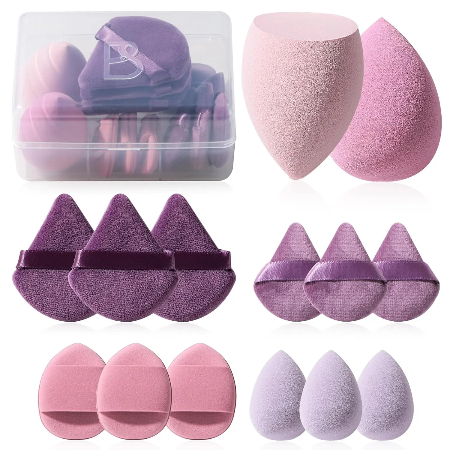 Makeup Sponge Set  Triangle Puff 14 Pcs for Liquid, Cream, and Powder, Multi-colored Makeup Sponges and Mini Sponge (A-Purple)