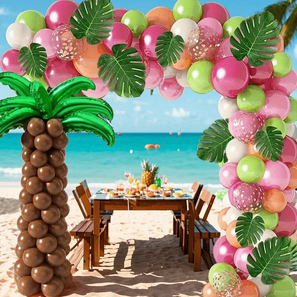 1 Set Summer Hawaiian Balloon Arch Garland Kit, Balloon Decoration, Pink Green Champagne Gold Latex Balloons with Palm Tree Foil Balloons, Tropical Party Decor for Beach Party & Bachelorette Celebrations
