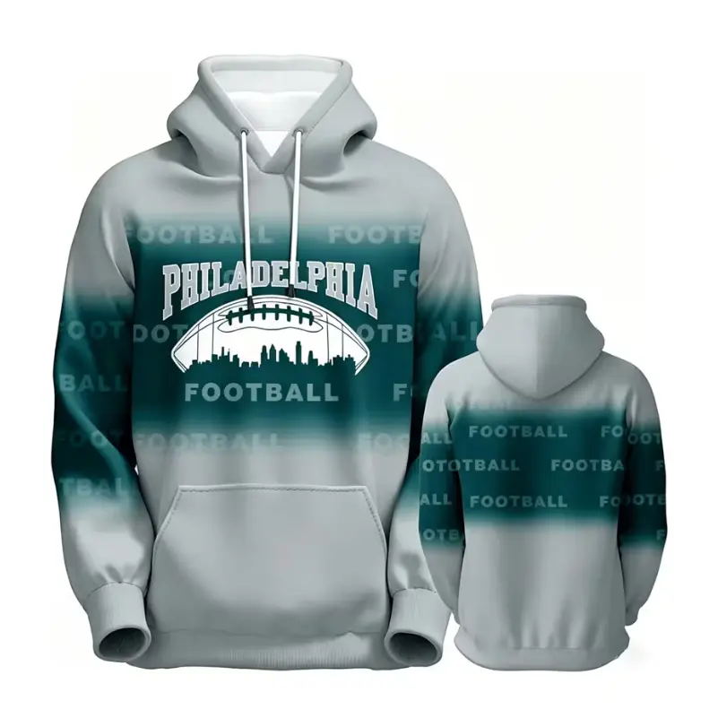 Football Game Day Team Fan Hoodie, Men's Skyline & Football Print - Gradient Pocket Hoodie with Cityscape & Football Text, Machine Washable Casual Pullover Suitable for Games, Outdoor Wear, Everyday Apparel for American Football Fans
