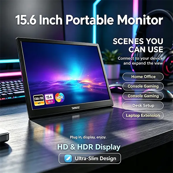 TANUSZ 15.6-Inch Portable Monitor, 1366x768 HD IPS HDR Ultra-Slim External Display with USB-C, HDMI, Built-In Speakers for Laptop, PC, Switch,PS5,Xbox