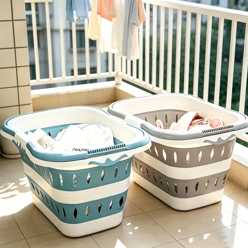 Large Size Functional Collapsible Laundry Basket with Carry Handle - Blue/Grey Portable Plastic Utility Storage Bin for Bathroom & Laundry