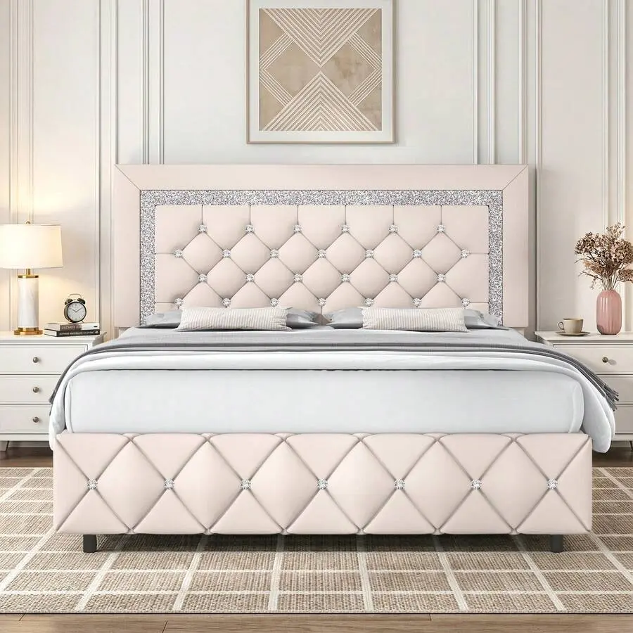 Tufted Headboard & Footboard, Twin/Full/Queen/King, Multi‑Color‑Pearl White, Beige, Black, Grey, Pink, Purple, Green