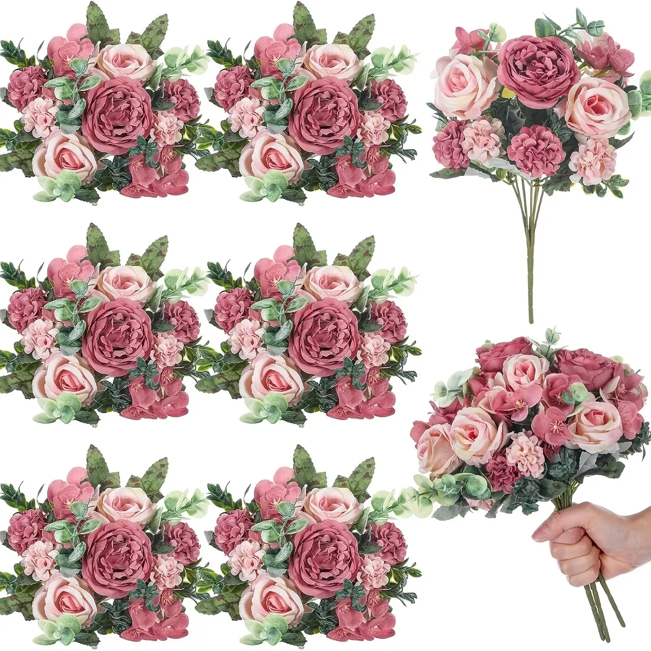 2 Bundles Rose Color Bridesmaid Artificial Bouquets, Vintage Satin Roses, Wedding Ceremony Props, Bridal Party Decorations, Artificial Flowers Bouquet
