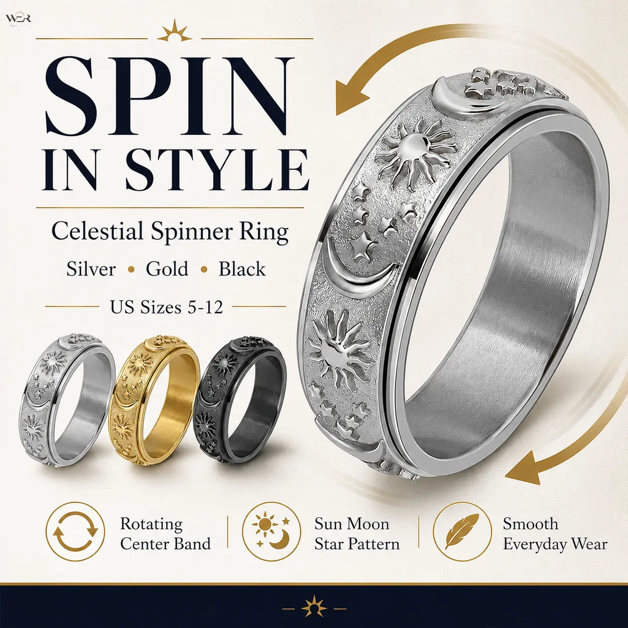 European and American stainless steel rotatable ring, titanium steel vintage Bohemian sun and moon ring, exquisite rotatable couple's ring