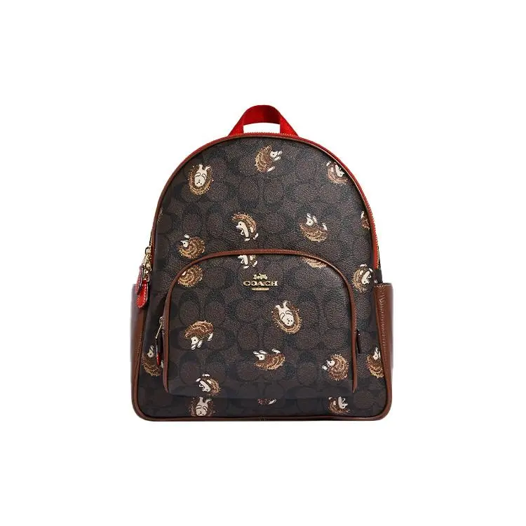 COACH Court 27 Hedgehog Print Backpack for Women – Signature Coated Canvas and Pebbled Leather, Brown and Black