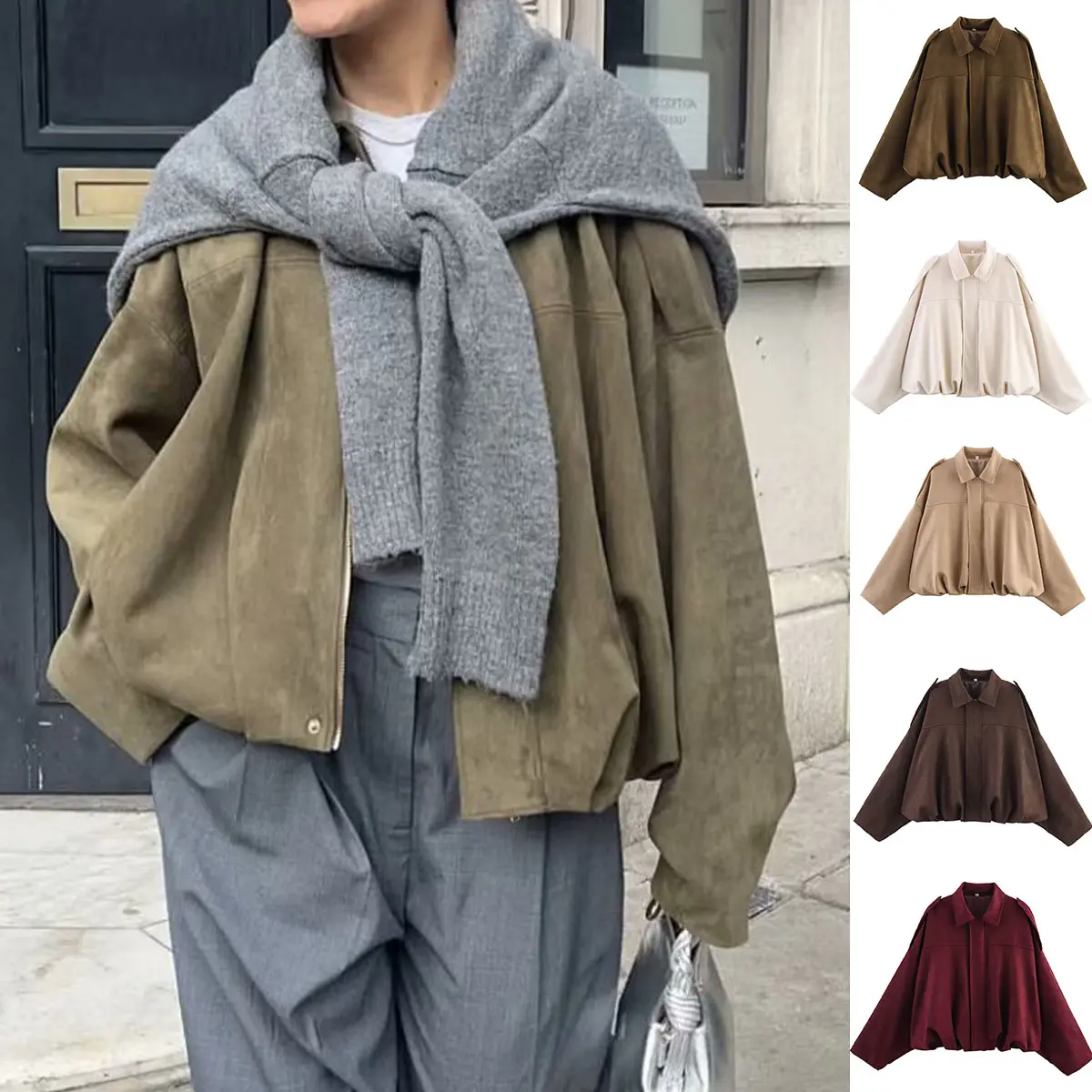 Women's Antique Style Casual Long-Sleeve Solid-Color Lapel Zipper Cropped Relaxed Fit Jacket - 2026 Autumn-Winter New Tops Coats Outerwear, Warm Comfortable Multi-Color Outerwear
