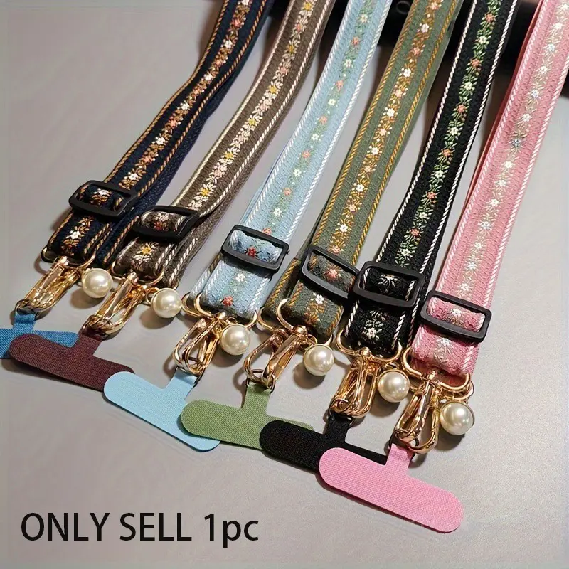 Single-Sided Floral Embroidered Phone Strap, Ethnic Retro Style, Adjustable Detachable Buckle, Ideal for Outdoor Activities & Daily Wear