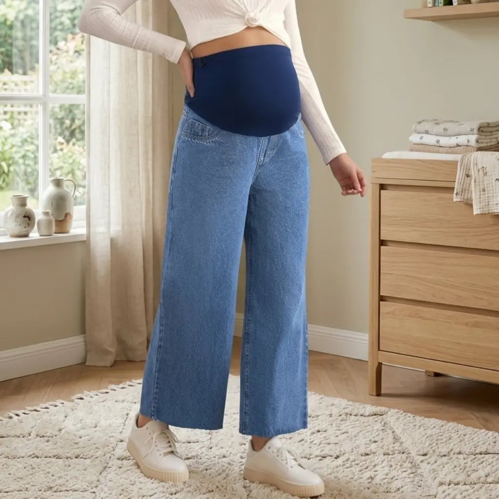 MUSBUY Women's High Waisted Maternity Crop Denim Pants - Adjustable Waist Over the Bump, Relaxed Wide Leg, Plain Denim with Clean Cut Hem, Prop 65 Safe (Size S-2XL), Crop Pants, Clean Hem, Elastic Support, Year Round