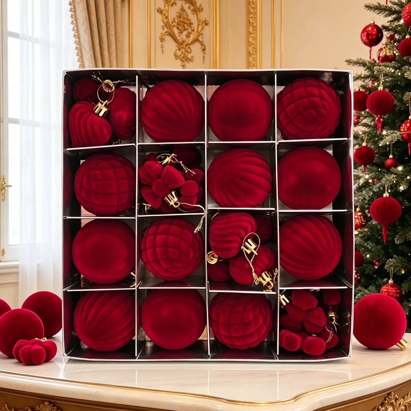 32-Pack Christmas Decorations, Heart Bowknot Velvet Plush Plastic Balls, Flocked Christmas Ornaments, Holiday Tree Decorative Balls, Bulk Christmas Ornaments