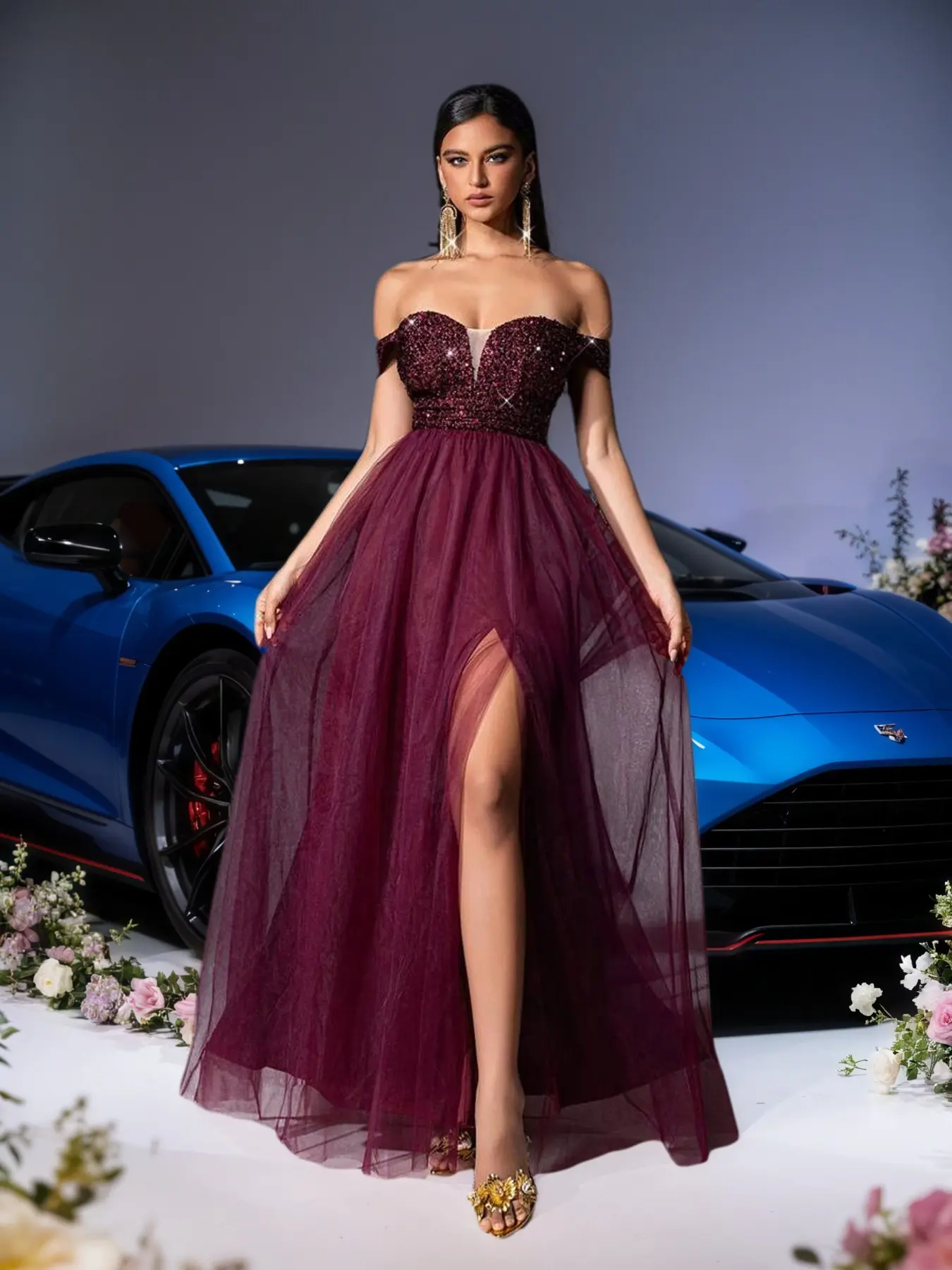 Girls' Sequined A-Line Evening Dress, Women, Formal Wear, Sweetheart Neckline, Sheer Mesh Skirt, Bodycon Top, Graduation Prom, Party or Wedding Guest, Feminine