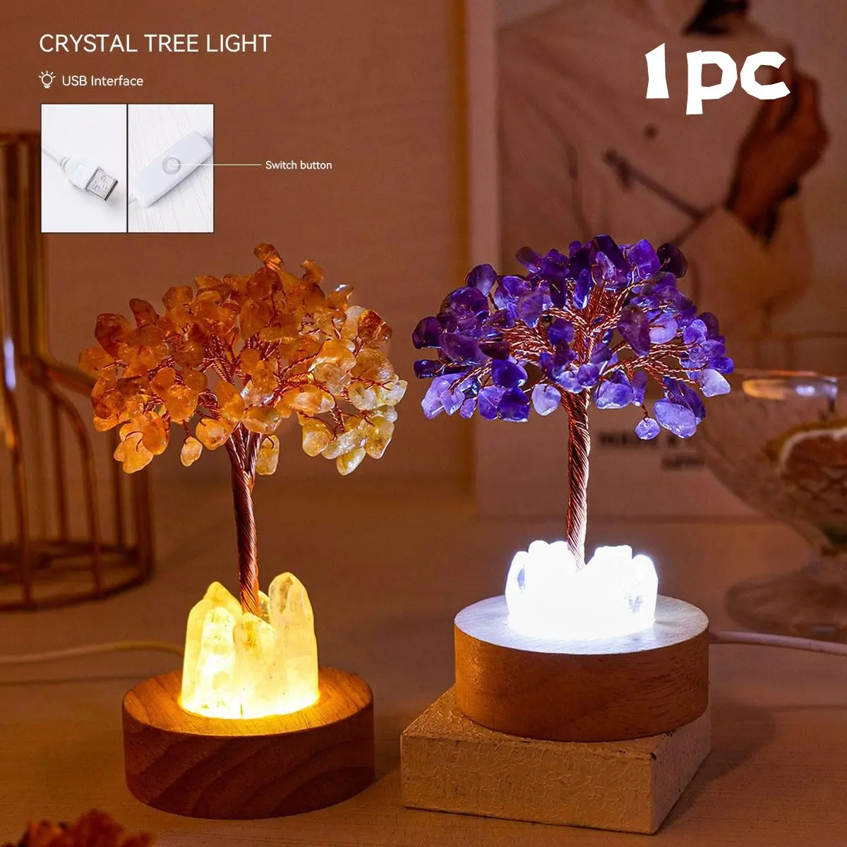 Natural Amethyst Crystal Cluster Tree Light, 1 Count USB Powered Crystal Healing Tree Night Light, Feng Shui Decoration for Luck, Home Decor, Crystal Decorative Ornaments