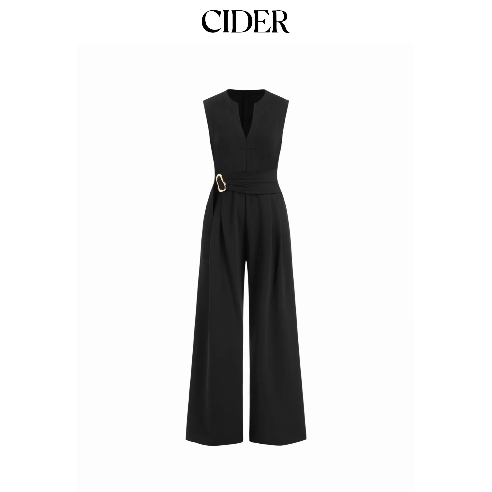 Cider V-neck Metal Detail Zipper Wide Leg Jumpsuit