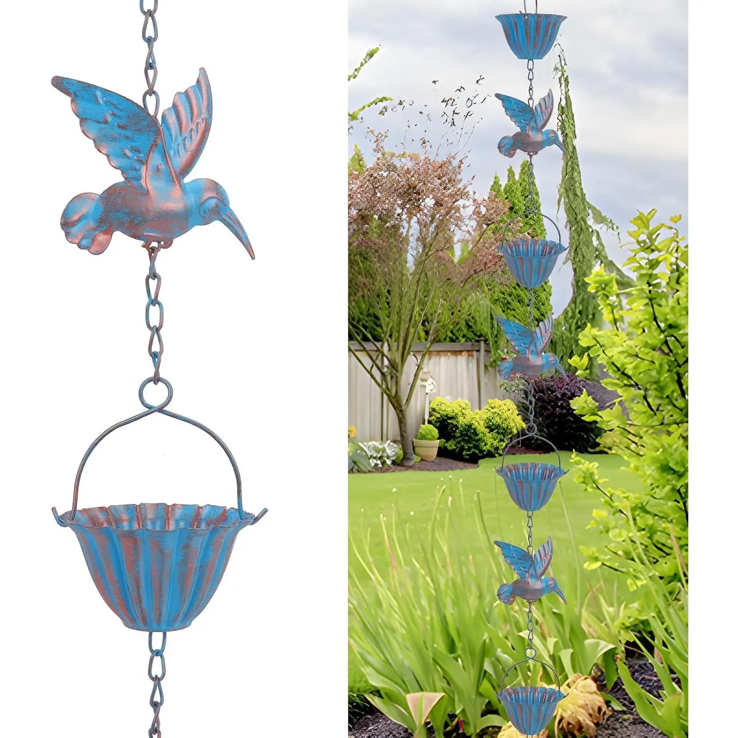 Rain Chains for Outside, 8 FT  Rain Dutter Chains (Blue) | Adjustable Hummingbird Rain Water Chain, Rust Resistant Outdoor Rain Catcher,  for Heavy Rain Garden
