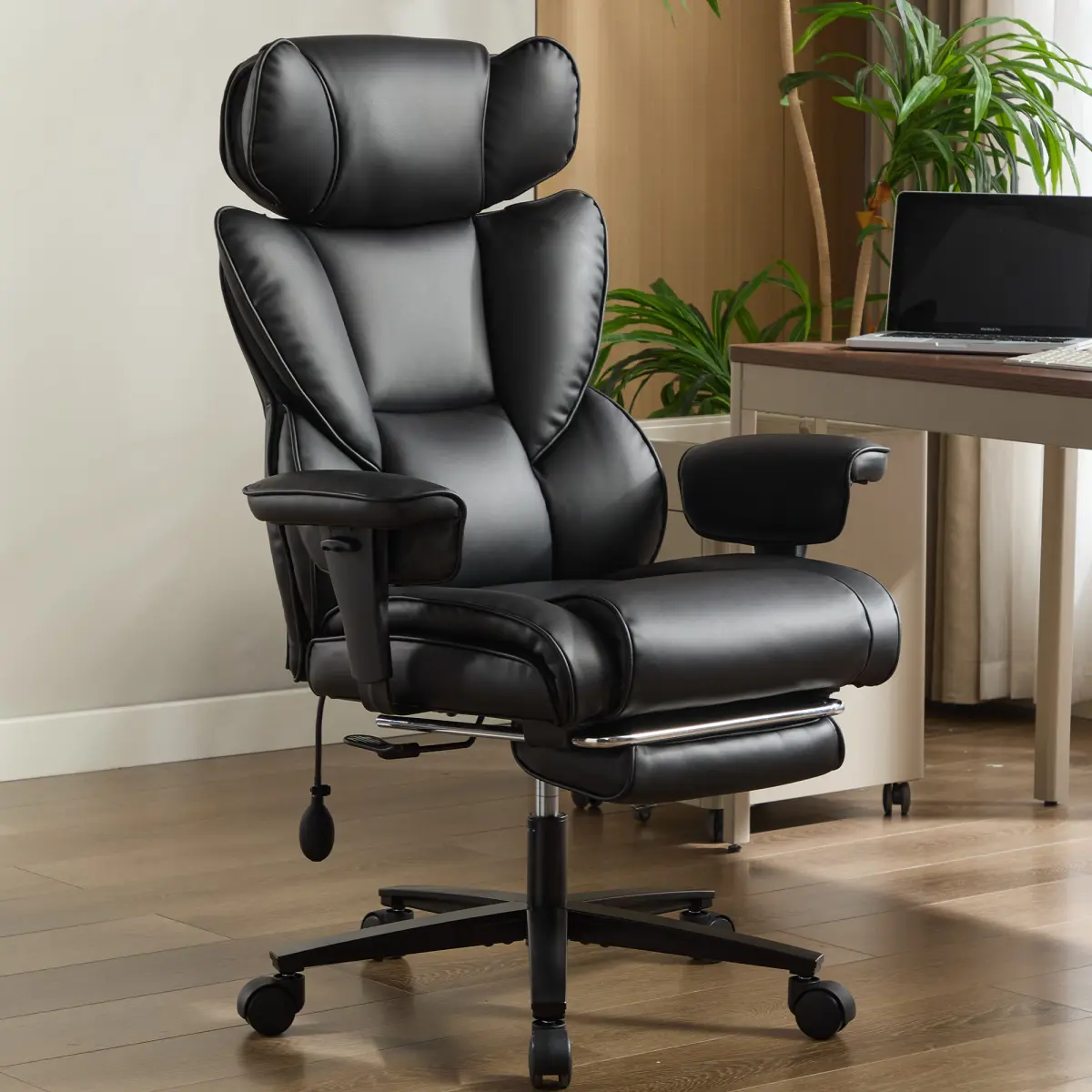 Office Chair with Foot Rest and Waist Lumber Support, Ergonomic Gaming Chair with Adjustable Height Headrest, High-Back Leather Reclining Chair for Home, Black   WL