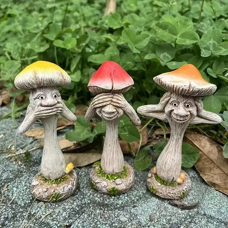 Set of 3 Resin Mushroom Figurines, Fun 'listen Not Look Not Speak' Statues, Outdoor Garden Decor, Creative Craft Gifts, Festive Home Decoration