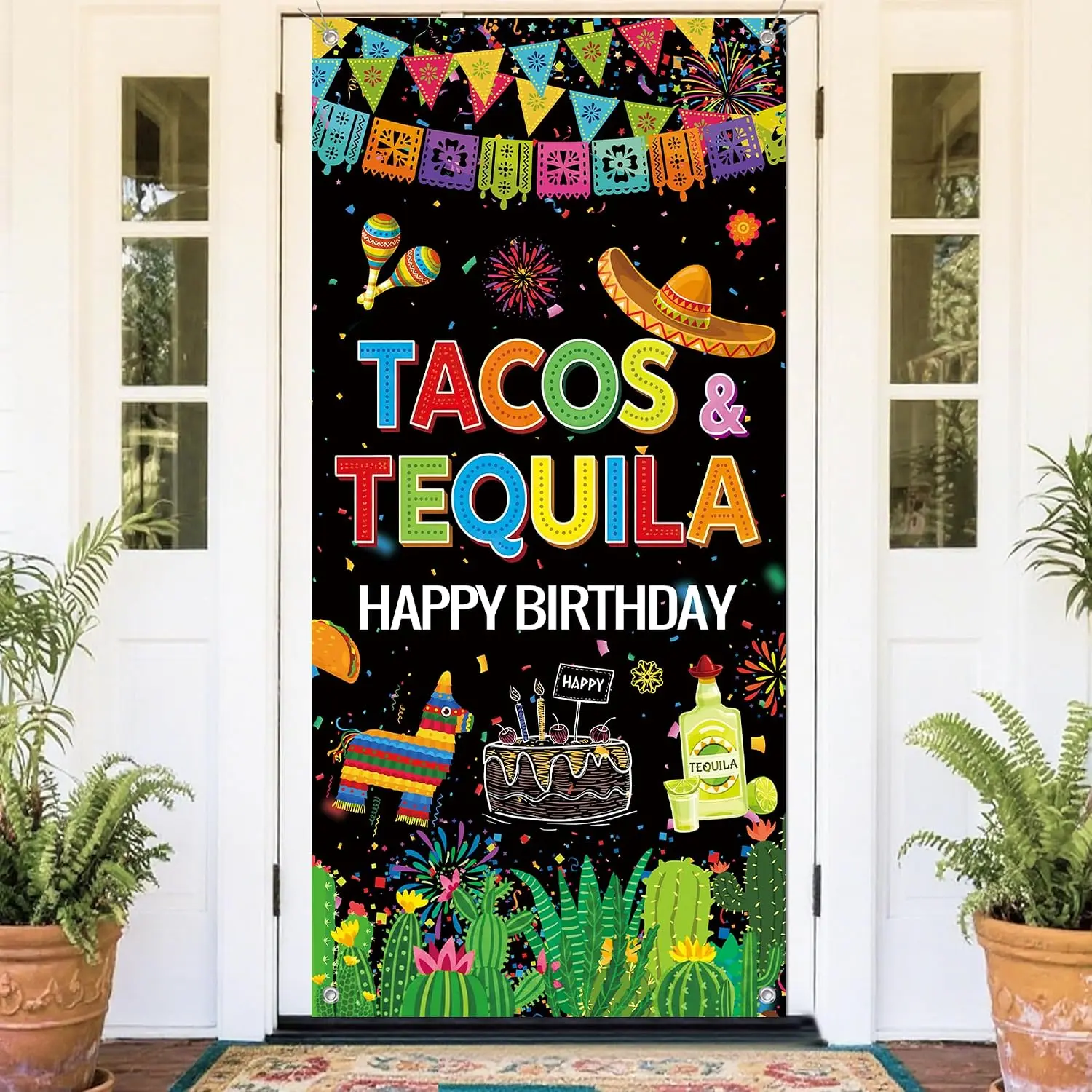 Tacos  Birthday Decorations Banner - Mexican Fiesta Happy Birthday Party Decoration Porch Sign, Cinco De Mayo Theme Photo Background Party Supplies for Indoor Outdoor