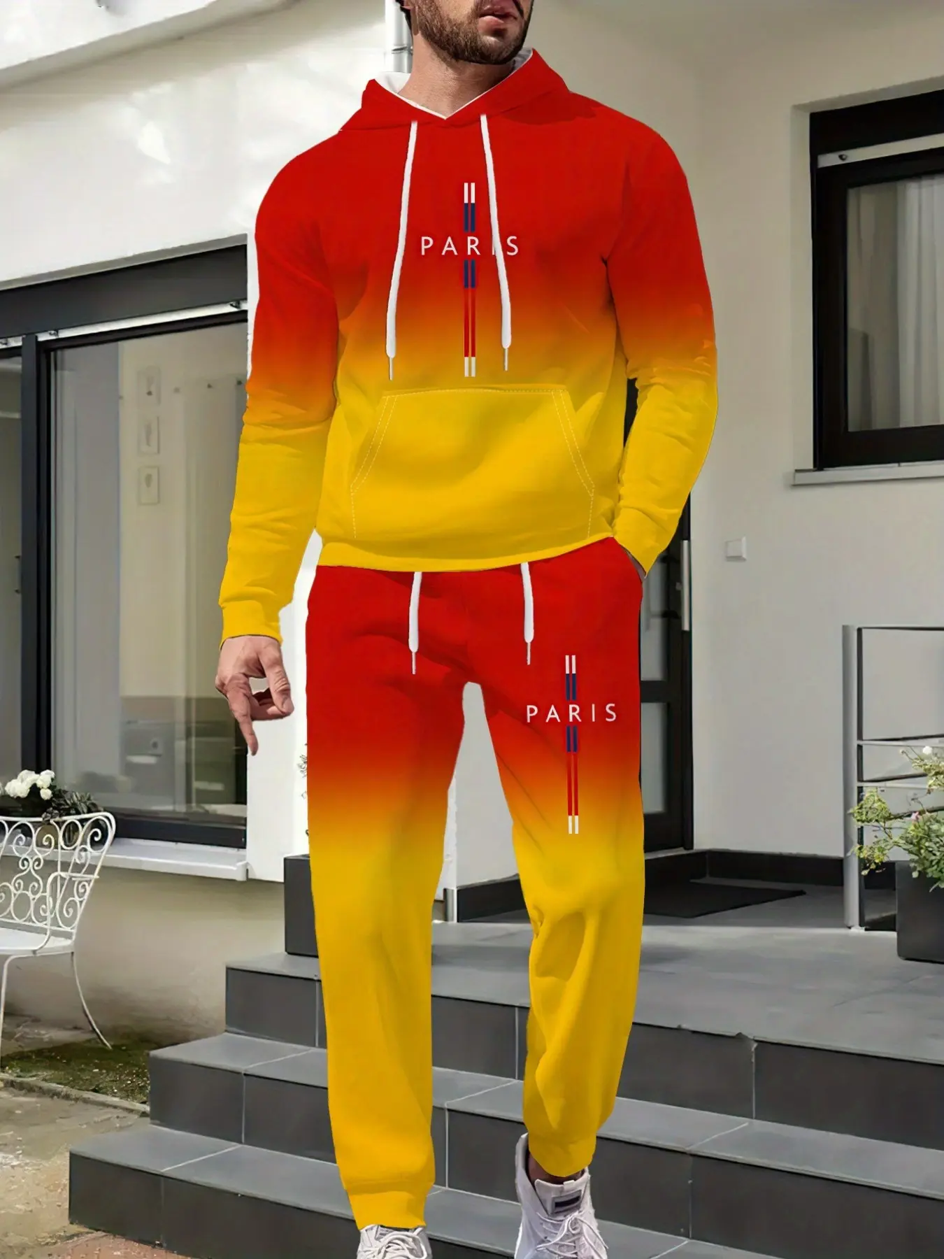 Fashion Ombre Gradient Paris Stripe Print Tracksuit，Men's Long Sleeve Hoodie Drawstring Sweatpants Two Piece Athletic Streetwear Daily Wear