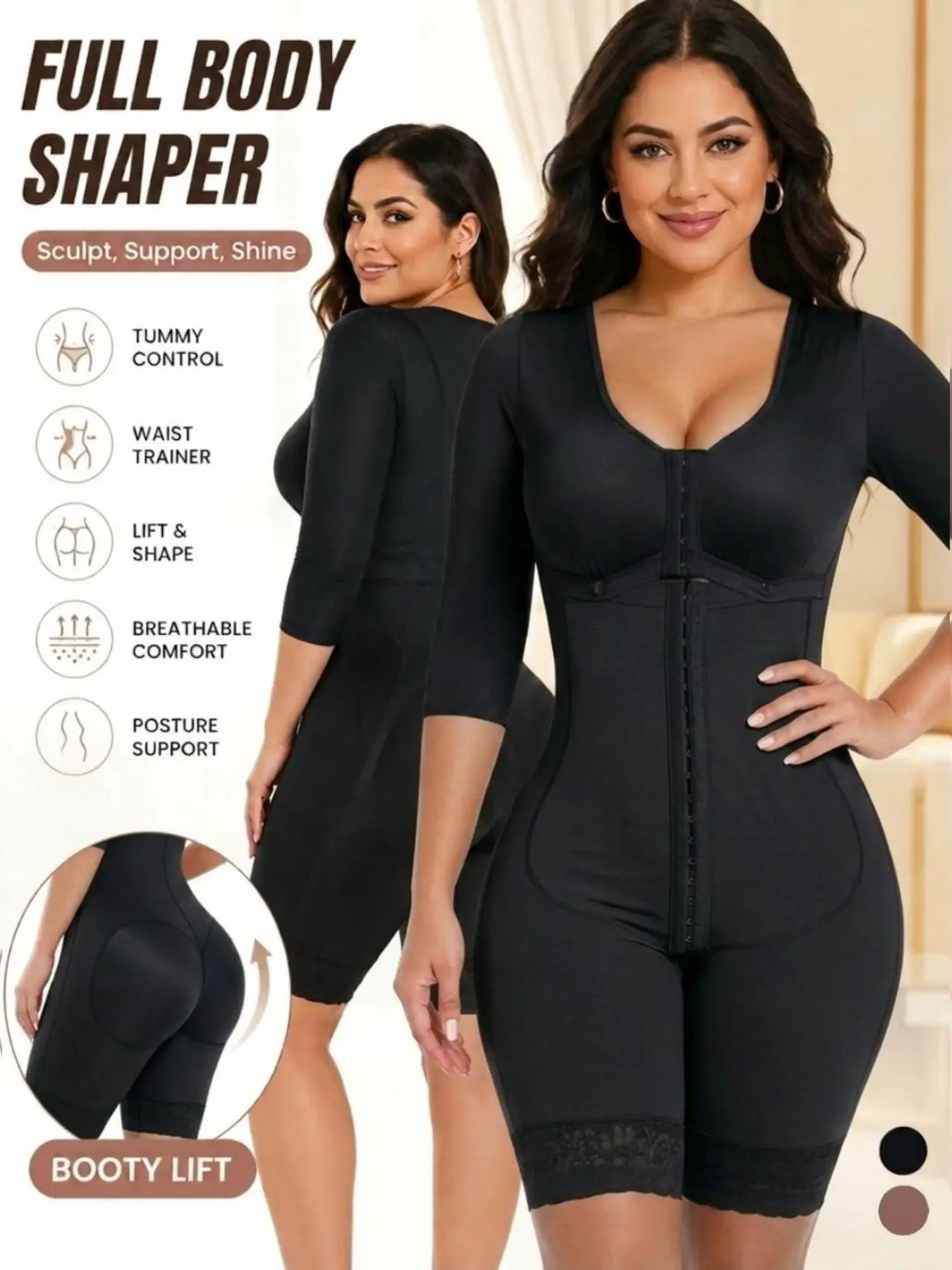 Colombian Faja Women's Full Body Shapewear, 3/4 Sleeve Waist Trainer, Abdominal Control, Hip Lift, Compression Bodysuit, Modest Style, All Seasons