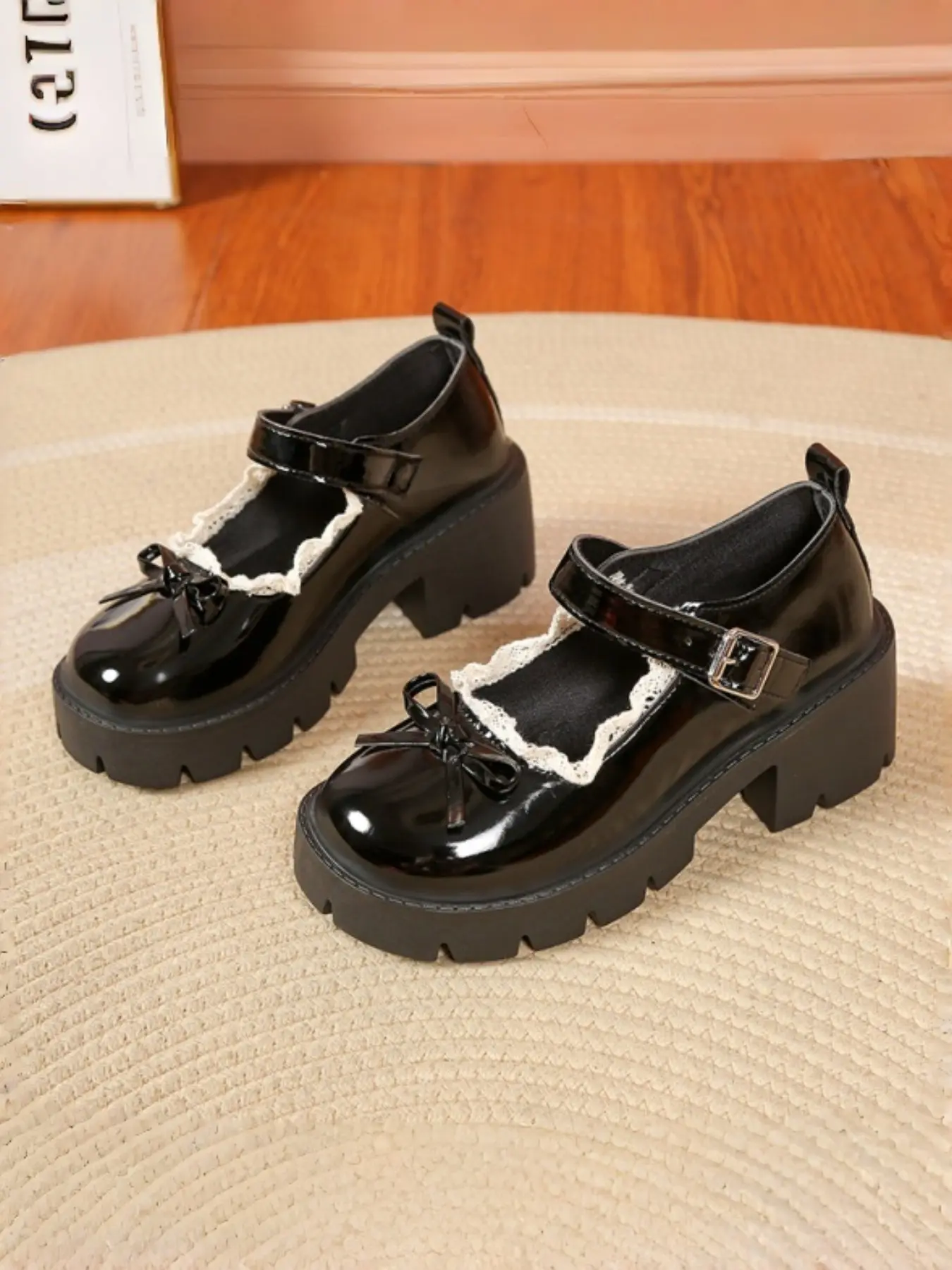 Japanese Style Sweet Lace Butterfly Mary Jane Shoes for Women, Thick Sole Anti-Slip Heel, Casual & Formal Wear
