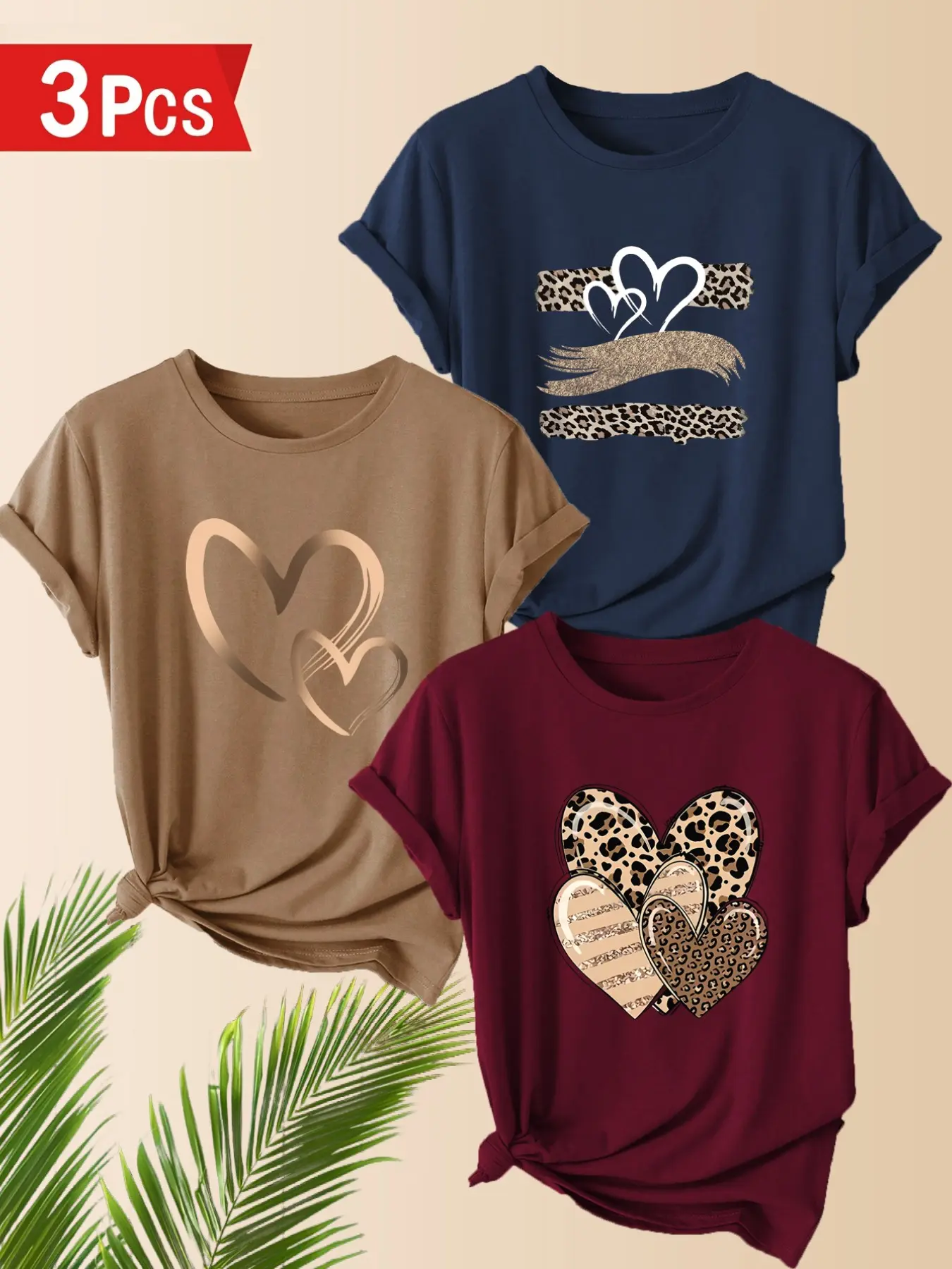 3-Pack Women's Casual T-Shirts, Heart Print, Polyester, Round Neck, Short Sleeve, Comfortable for Spring & Summer, Top
