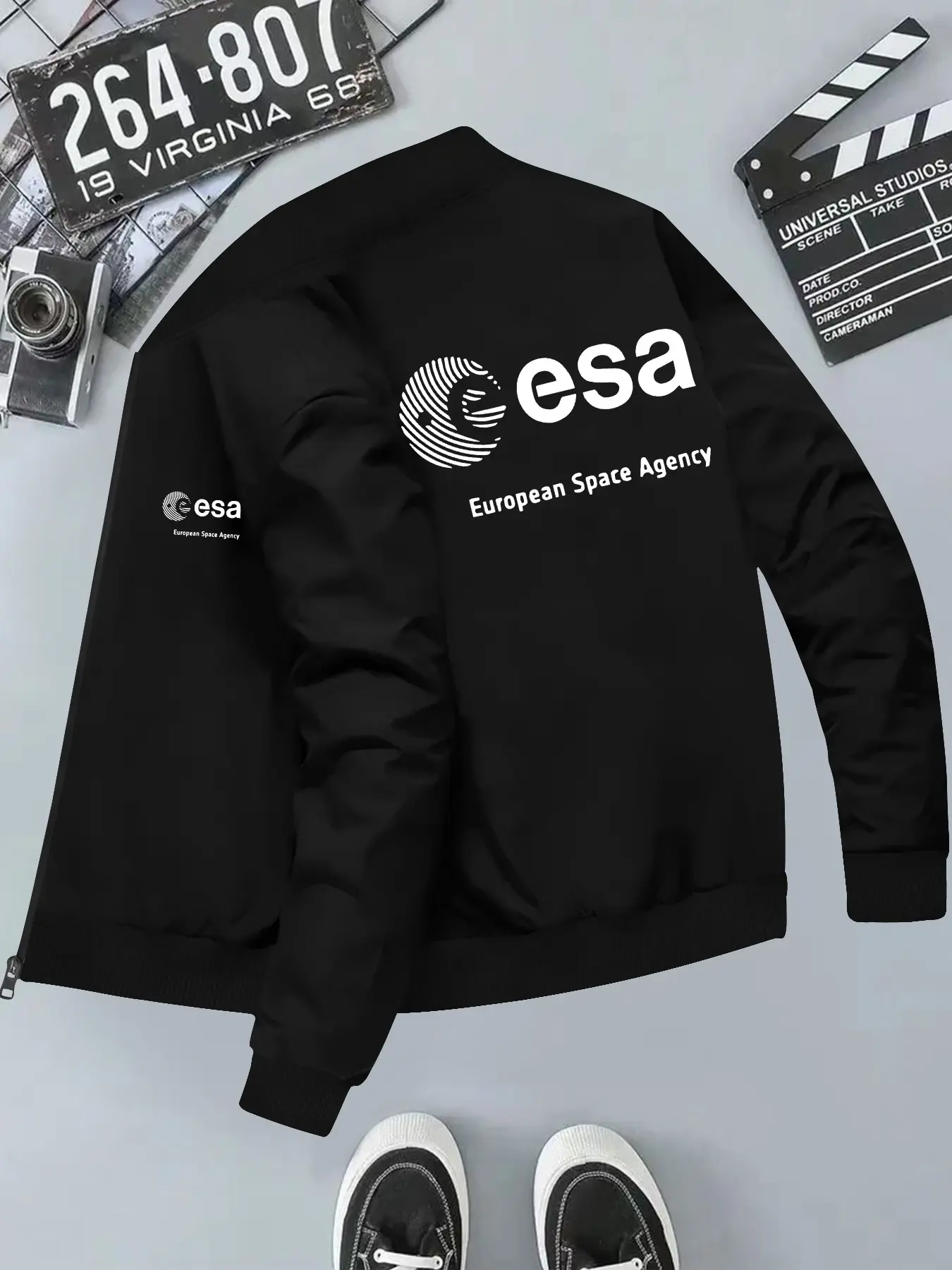 Nasa Logo Print Men's Hooded Casual Jacket, Long Sleeve Loose-Fit Outerwear, Geometric Pattern, All Seasons, Plain Surface