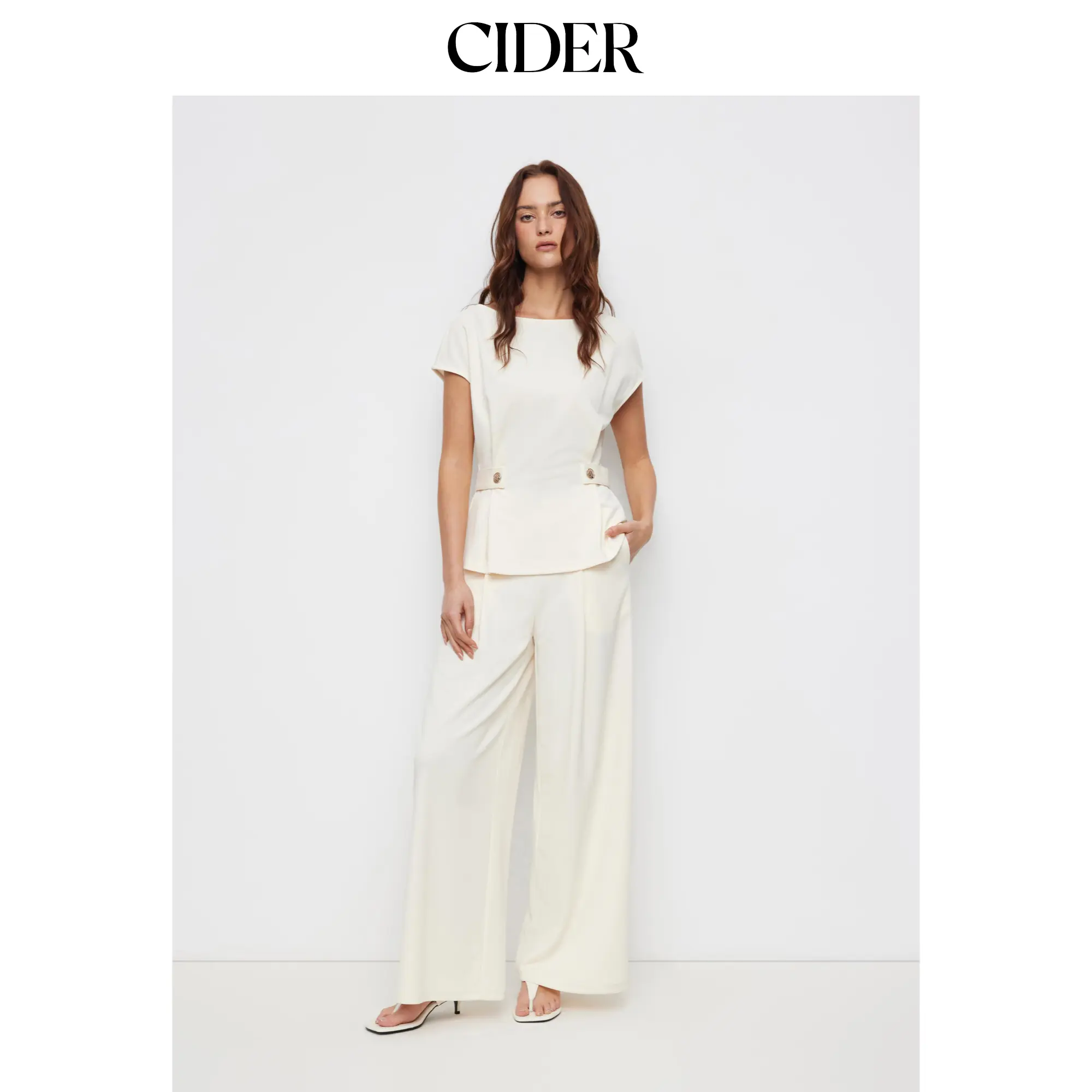 Cider Boat Neck Metal Button Top & Mid Rise Pleated Straight Leg Trousers Set SohoChic