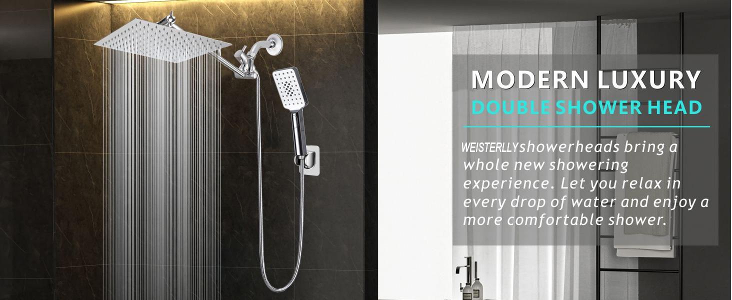 rain shower head with handheld spray,10''High Pressure Rainfall Shower Head / 3 Setting Handheld Shower head Combo with 11'' Extension Arm and 78" Extra Long Hose/Square Rain shower head(Chrome)