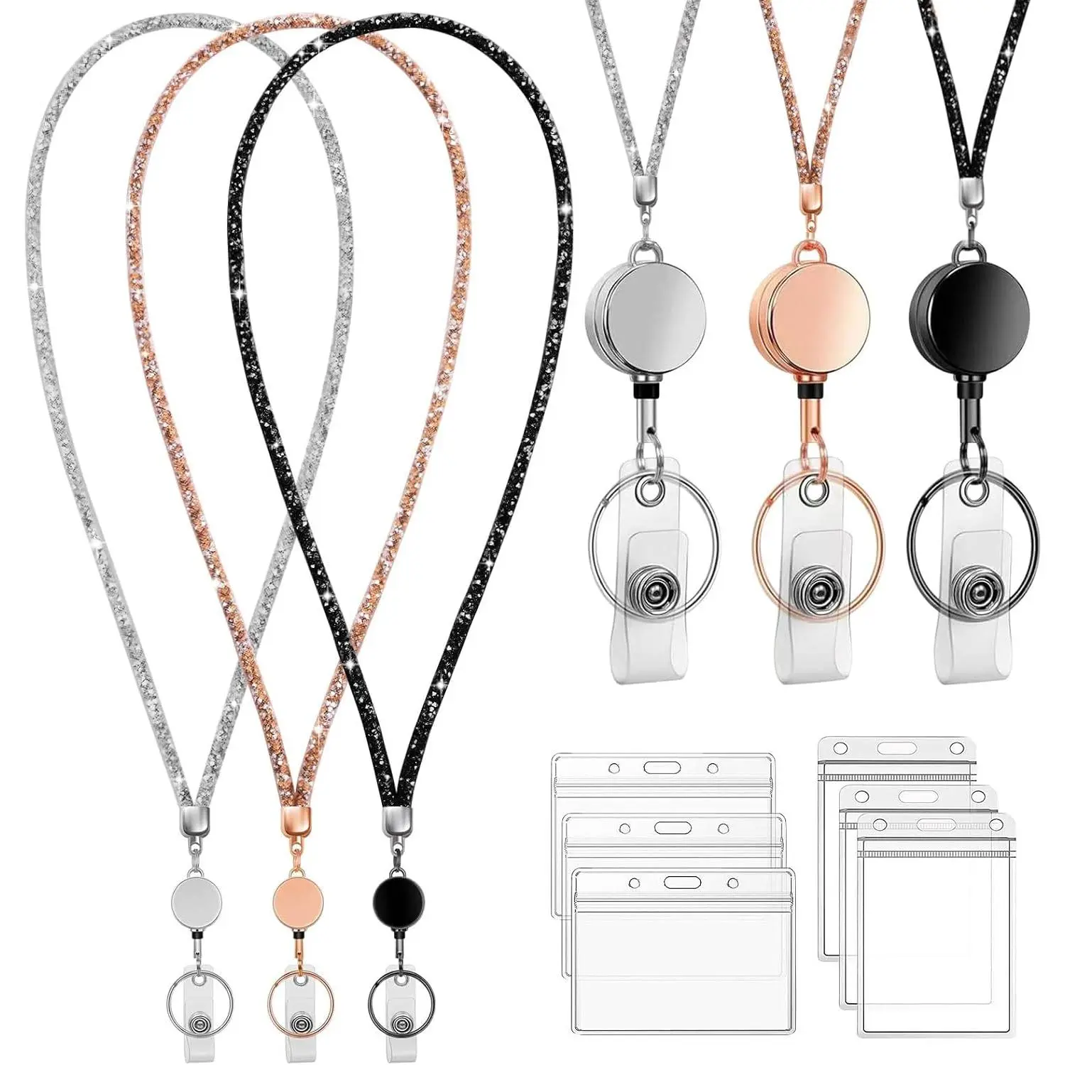 3-Pack Retractable ID Badge Holder with Bling Rhinestones Strap, 13.5" Ext. Dyneema Cord Retractable Lanyard, for Office Supplies, Fits ID Cards