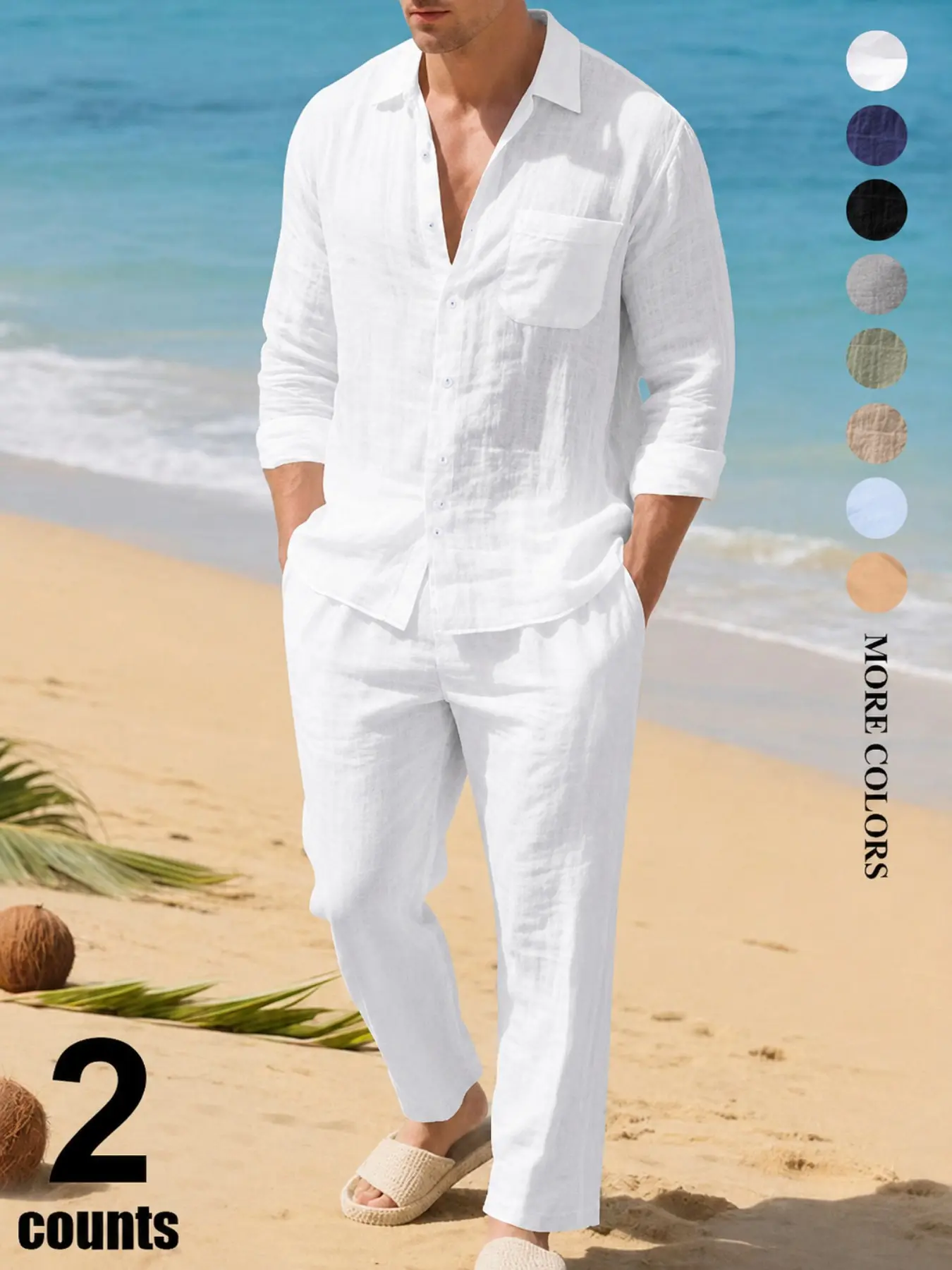 Men's Spring/Autumn Everyday Wear, Vacation, Beach, Relaxed Fit, Solid Color Linen Long-Sleeve Suit, Menswear, Clothes, Suitable for Home, Work, Outdoor, Urban, Casual, Versatile, Stylish