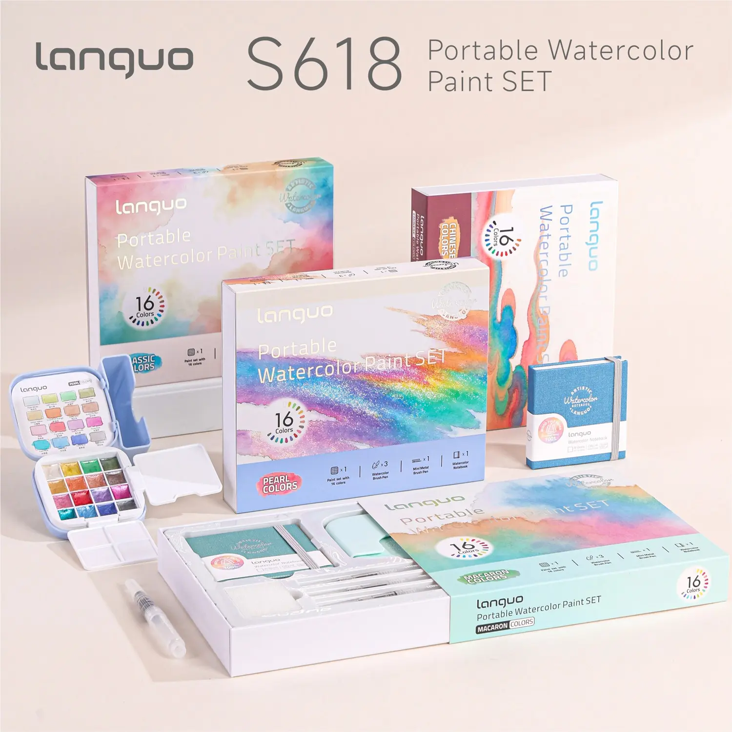 Blue Fruit S618 Solid Watercolor Set, 16 Colors, Portable Four-In-One Design, Includes Palette, Brush Holder, Travel Drawing Tool