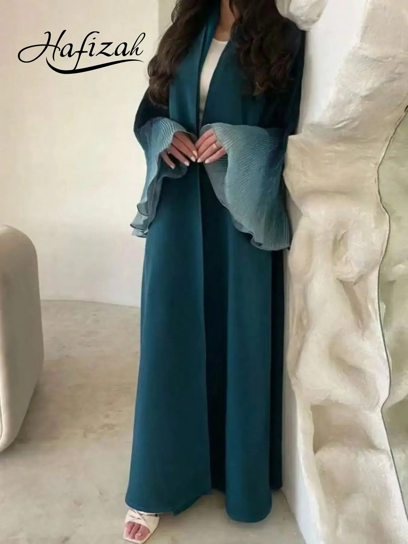 Hafizah Women's Patchwork Pleated Bell Sleeve Long Cardigan, Loose Fit, No Buttons, Outerwear, All Seasons, Plus Size Casual Robe, Clothes