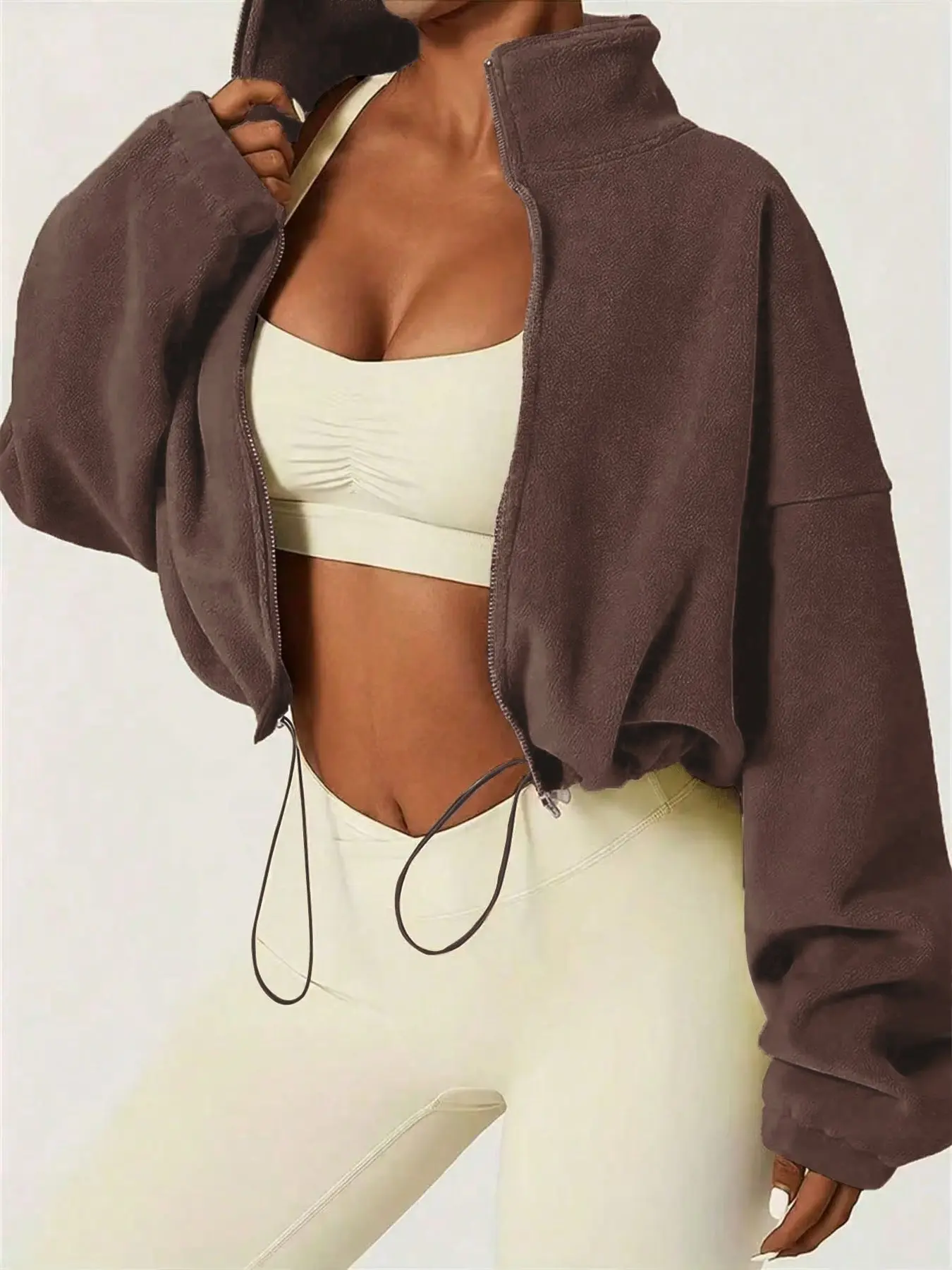 Women's Short Polar Fleece Zipper Sweatshirt, Casual Loose Fit Stand Collar Outerwear Coats, Fall & Winter Fashion Top for Ladies