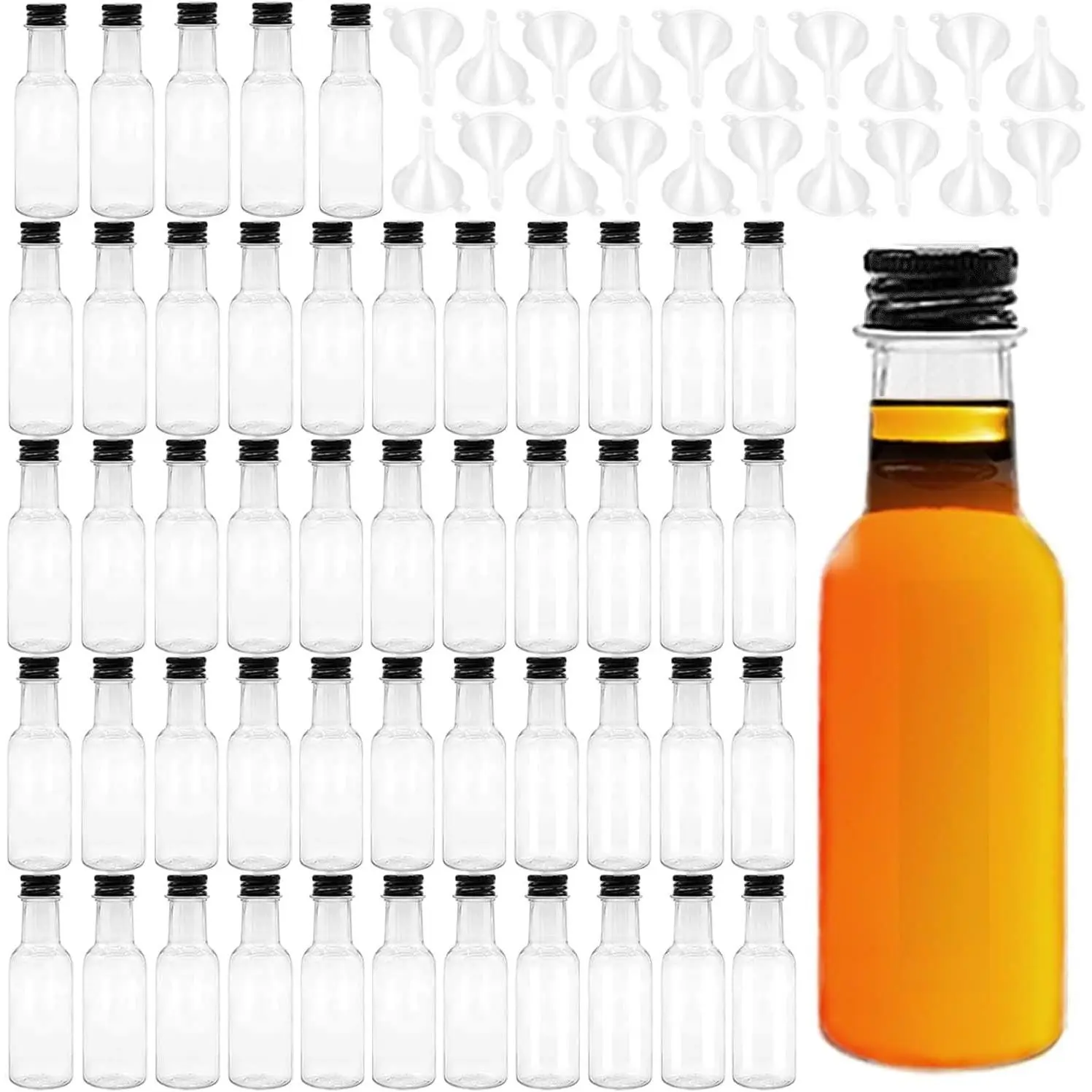 50 Pack 1oz Mini Liquor Bottles Empty Spirit Bottles with 20 Funnels Black Cap,Mini Alcohol Bottles,Miniature Bottle for Weddings,Party Favors