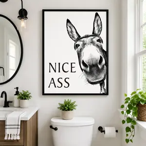 Framed Artistic Bathroom Wall Art - Funny "Nice Ass" Donkey Print, Farmhouse Home Decor for Bathroom Wall Decor Sets