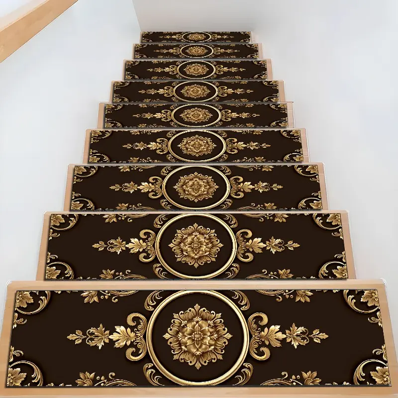 6/8/15pcs Luxury Vintage Brown Gold Baroque Floral Diatom Mud Stair Treads, Super Absorbent Non Slip Carpet Mats for Wood Steps, Quick Drying Moisture Wicking Stair Runners, Anti Slip Washable Floral Pattern Rugs for Dogs Kids Elderly