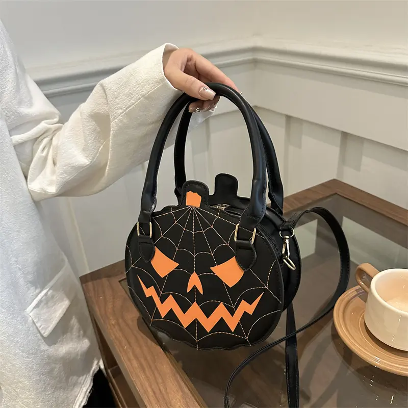 Women's Synthetic Pumpkin Shape Crossbody Bag, Cute Jack-O'-Lantern Black-Orange Fall Fashion Handbag, Spooky Vibe Halloween Party Accessory, Gift for Daily Wear