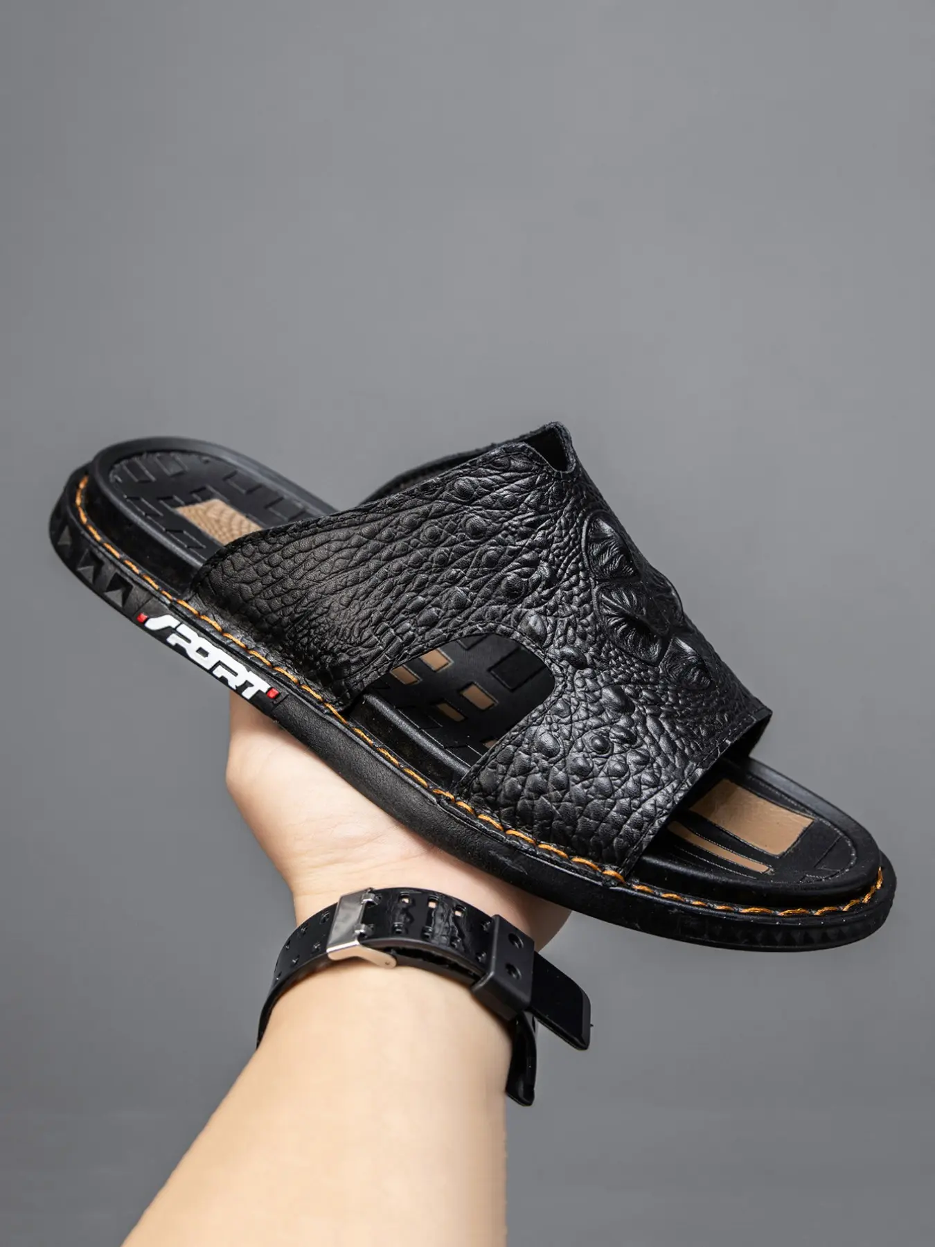 Men's Slippers Open Toe Slides, Retro Alligator Pattern Vintage, Breathable Non-Slip Lightweight, Microfiber Leather, Plus Size, Summer Beach Vacation Casual Shoes, Slide On Sandals